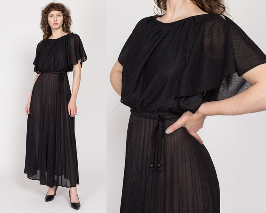 Small 70s Witchy Sheer Black Capelet Gown | Vintage Boho Formal Gothic Disco Maxi Dress