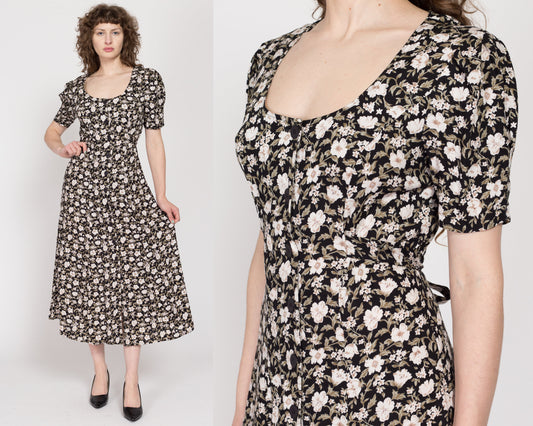 Medium 90s Black & White Floral Grunge Maxi Dress | Vintage Button Up Short Sleeve Tie Back Sundress