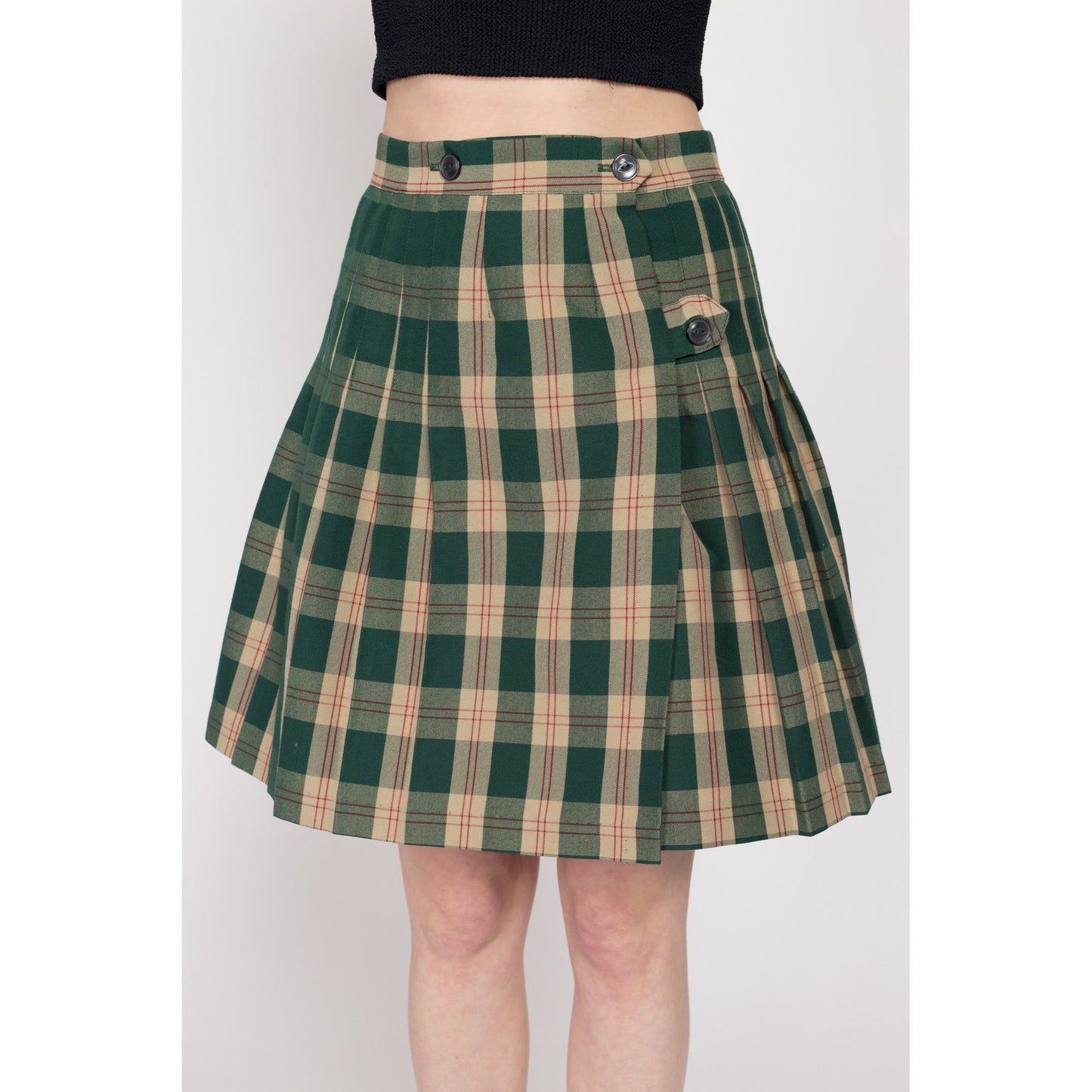 Small 90s Green Plaid Schoolgirl Wrap Skirt 27" | Vintage High Waisted Preppy Pleated Mini Skirt