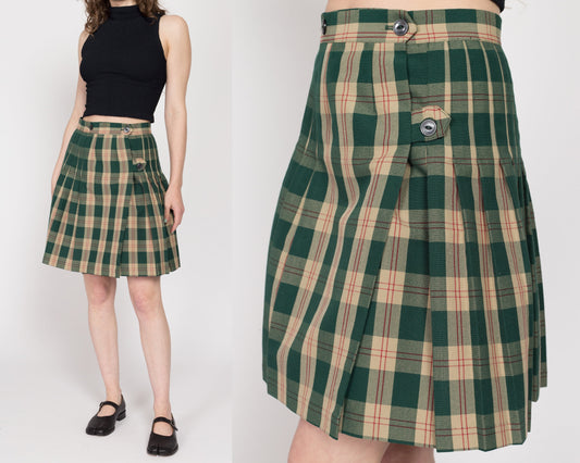 Small 90s Green Plaid Schoolgirl Wrap Skirt 27" | Vintage High Waisted Preppy Pleated Mini Skirt