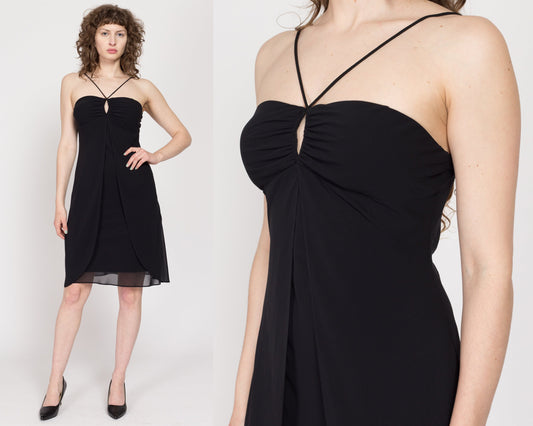 Sm-Med 90s Flowy Black Mini Party Dress | Vintage Keyhole Neck Spaghetti Strap Cocktail Dress