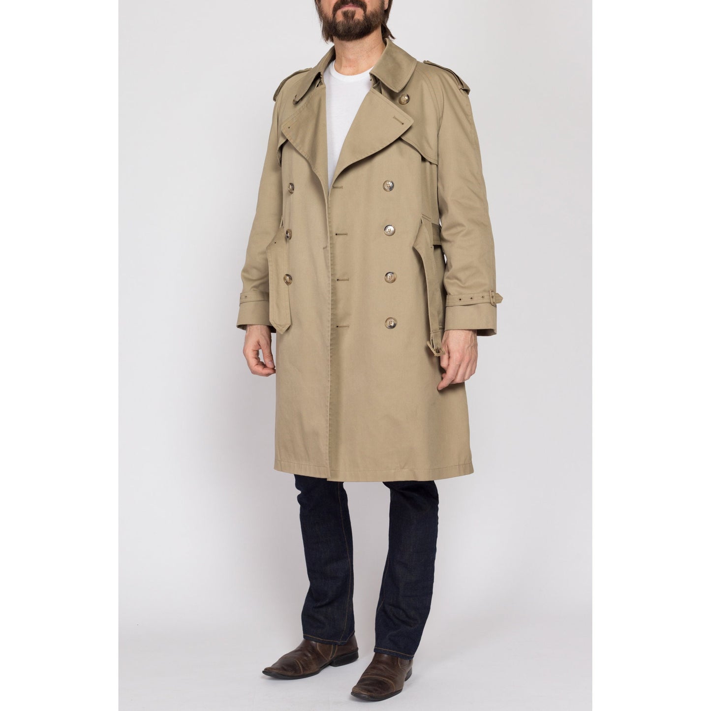 Medium 80s Misty Harbor Khaki Belted Trench Coat 42 Regular | Vintage Double Breasted Long Jacket
