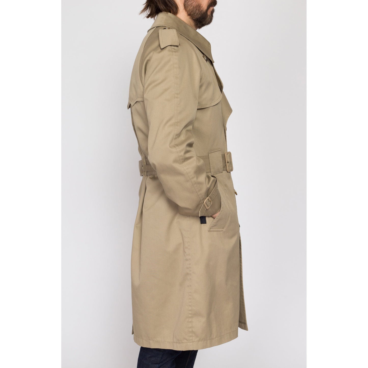 Medium 80s Misty Harbor Khaki Belted Trench Coat 42 Regular | Vintage Double Breasted Long Jacket