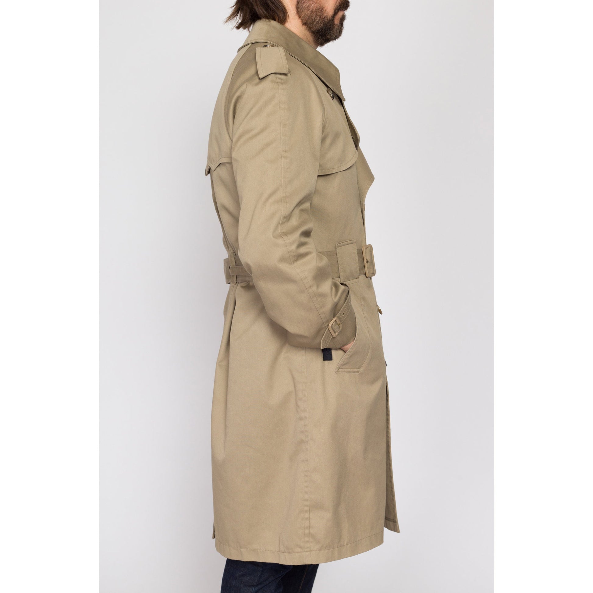 Medium 80s Misty Harbor Khaki Belted Trench Coat 42 Regular | Vintage Double Breasted Long Jacket