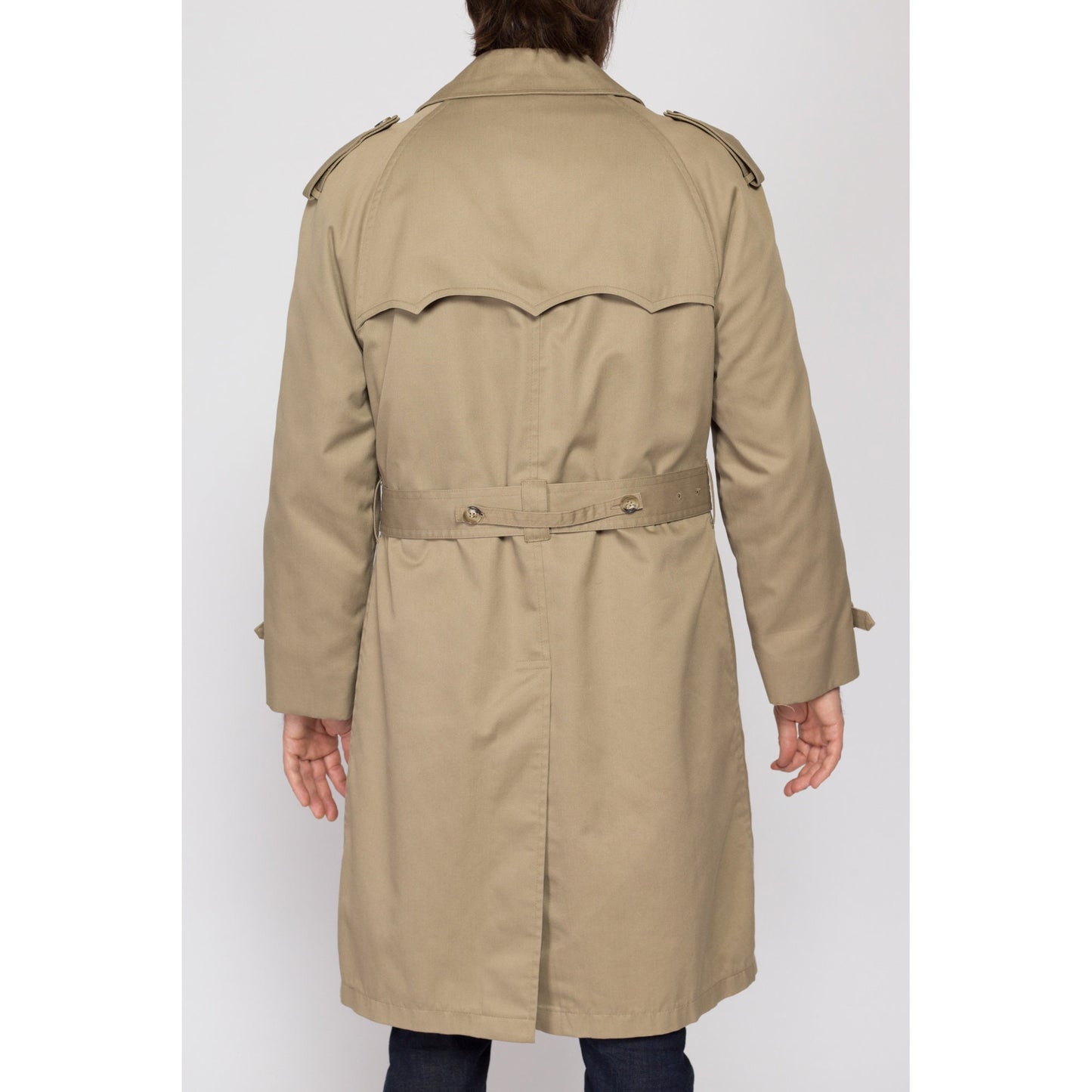 Medium 80s Misty Harbor Khaki Belted Trench Coat 42 Regular | Vintage Double Breasted Long Jacket