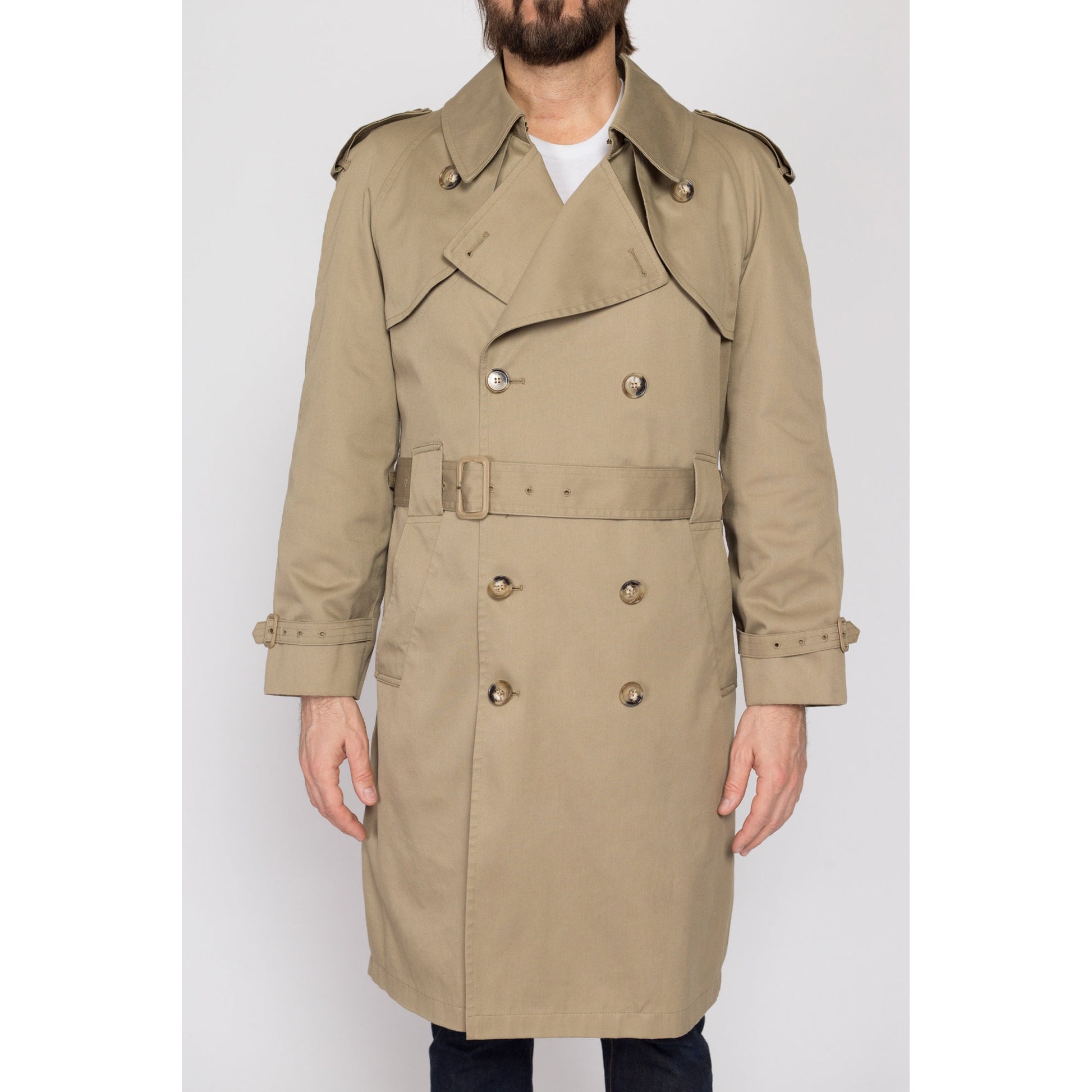 Medium 80s Misty Harbor Khaki Belted Trench Coat 42 Regular | Vintage Double Breasted Long Jacket