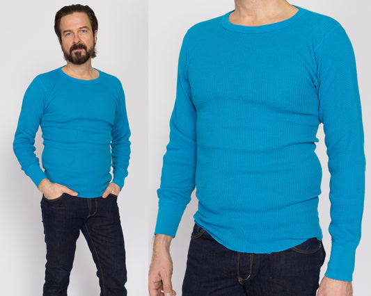 Med-Lrg 80s Bright Blue Waffle Knit Shirt | Vintage Plain Long Sleeve Thermal Top