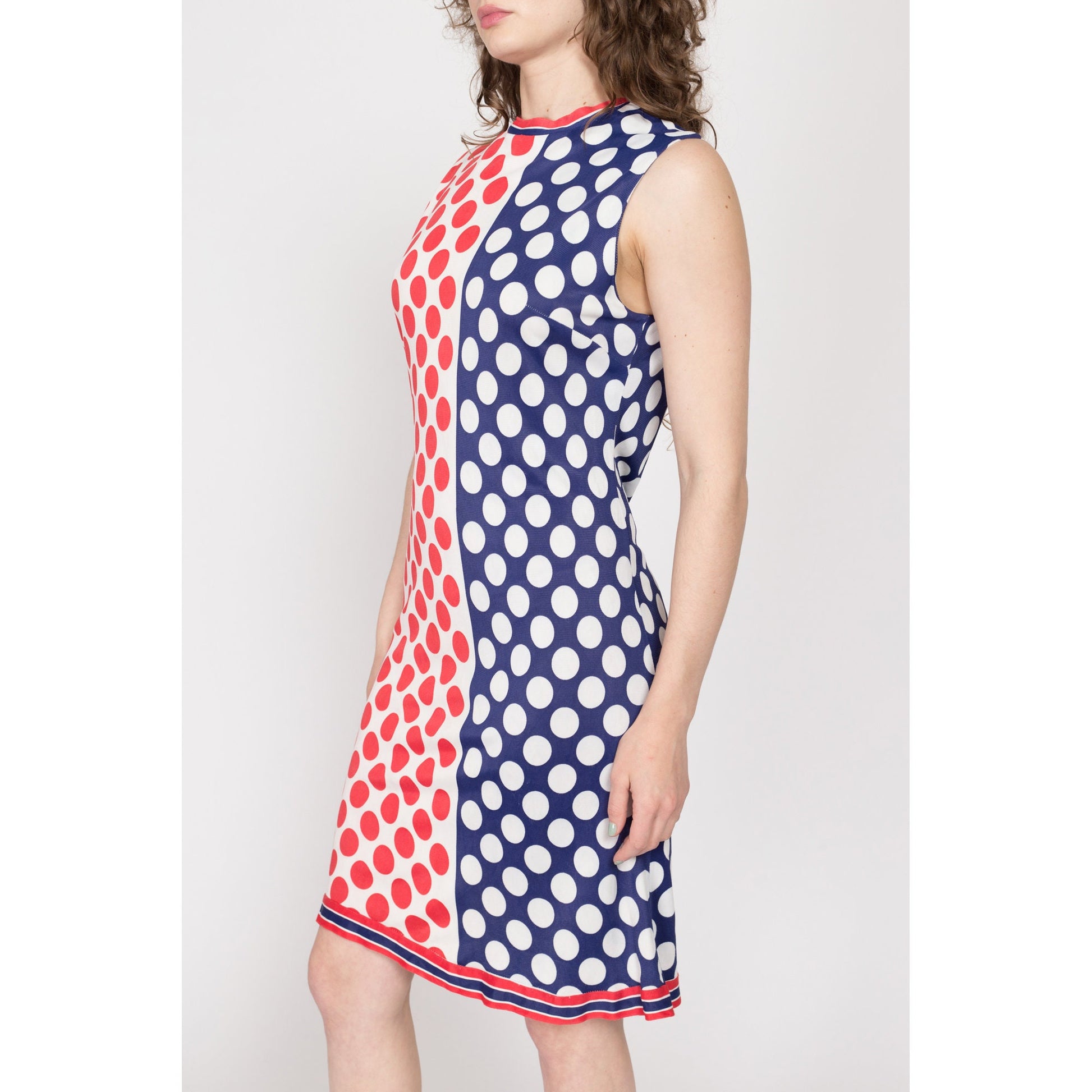 Medium 60s Red White & Blue Polka Dot Mod Mini Dress | Vintage Retro Sleeveless Color Block A Line Dress