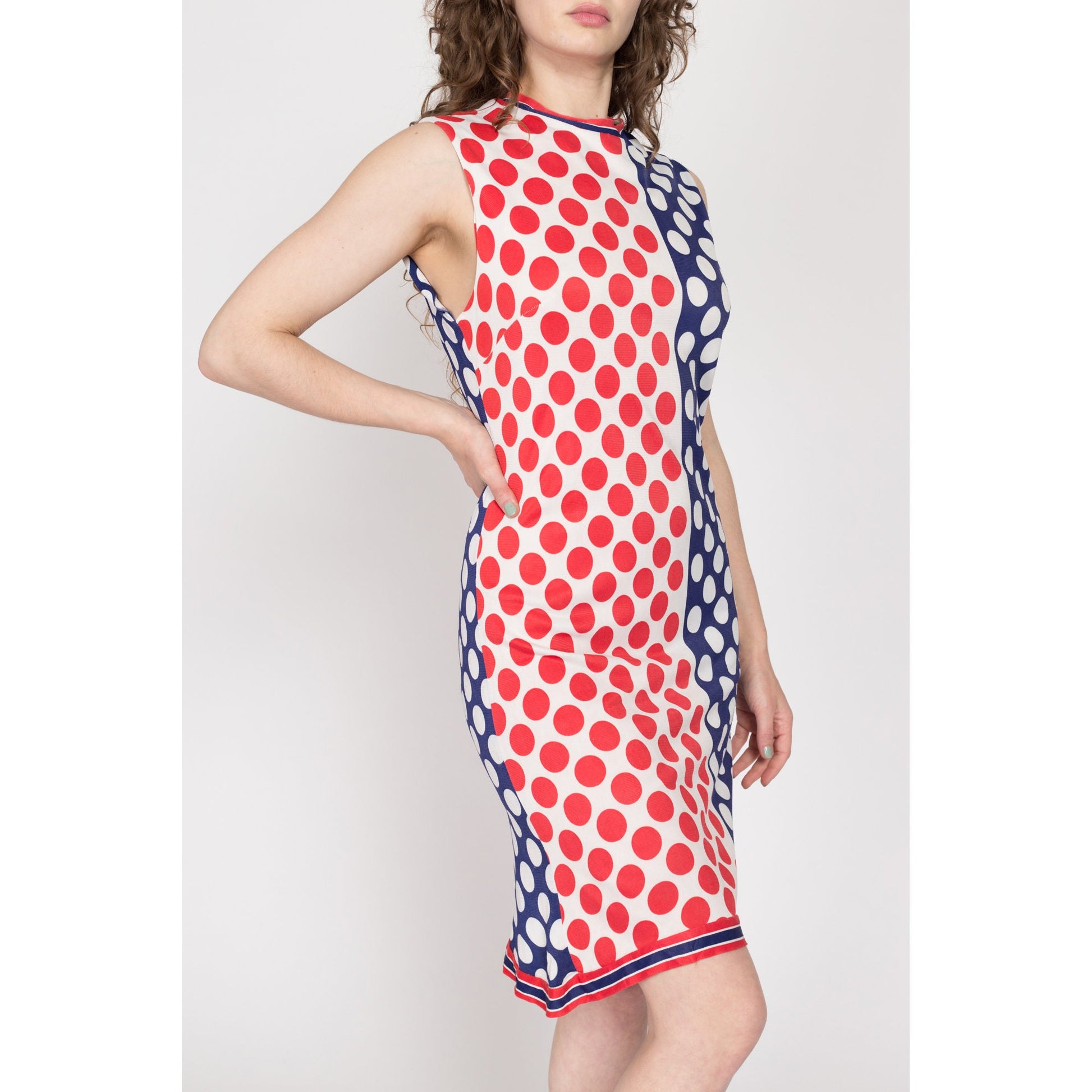 Medium 60s Red White & Blue Polka Dot Mod Mini Dress | Vintage Retro Sleeveless Color Block A Line Dress