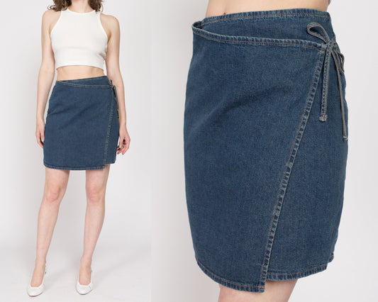 XS 90s Denim Low Rise Wrap Mini Skirt | Vintage Blue Jean A Line Minimalist Miniskirt