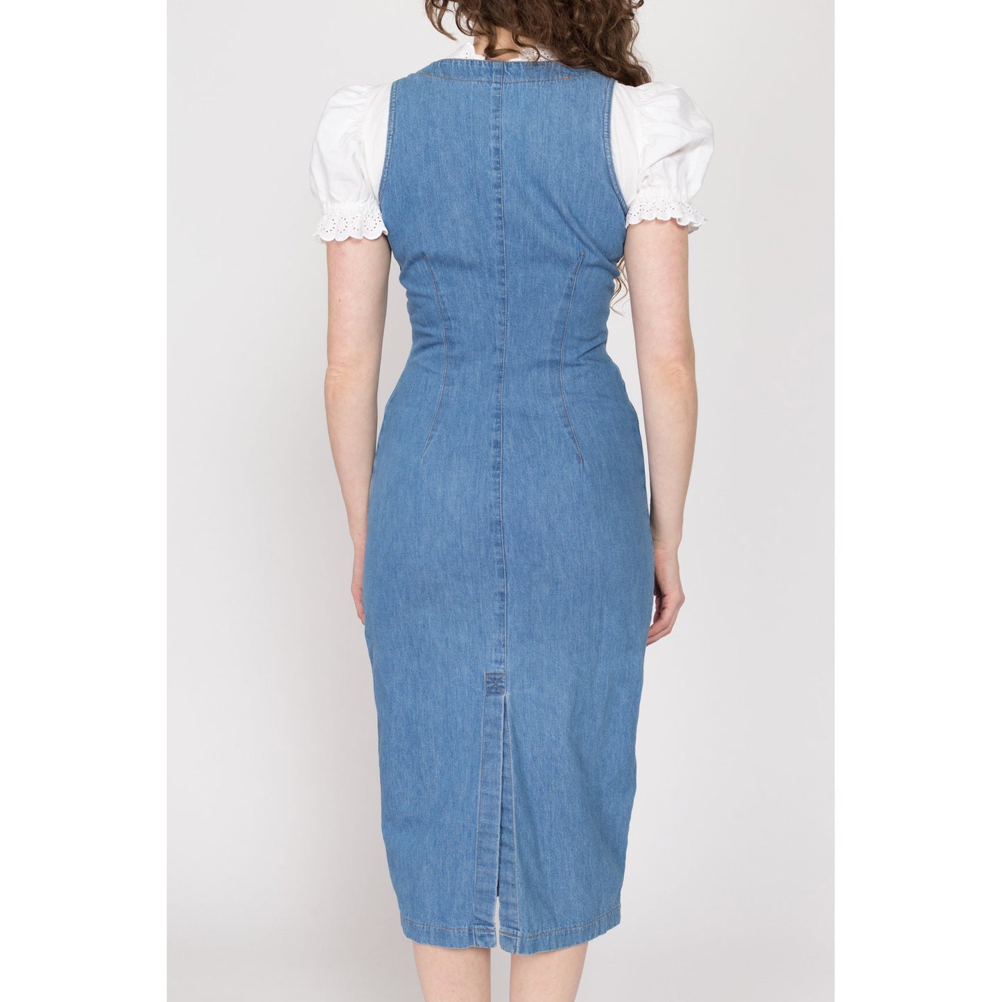 Small 90s Denim Fitted Pinafore Midi Dress | Vintage Sleeveless Blue Jean V Neck Pocket Grunge Dress