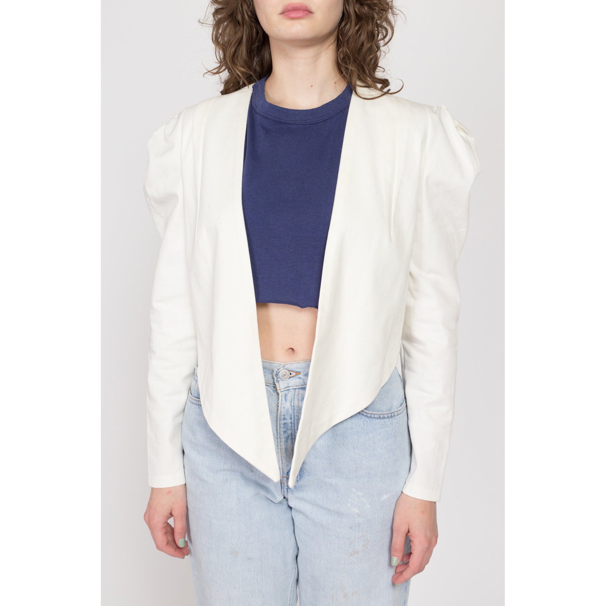 Medium 90s White Structured High Low Blazer Top | Vintage Open Fit Puff Sleeve Cropped Jacket