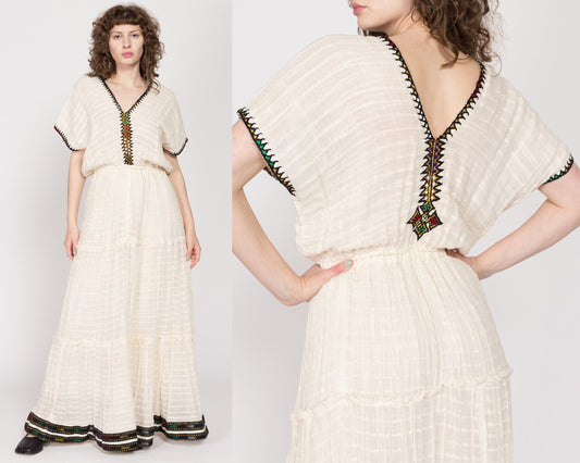 Medium 70s Eritrean Metallic Trim Gauzy Cotton Maxi Dress | Vintage Ethiopian Boho White Fitted Waist Short Sleeve Hippie Gown
