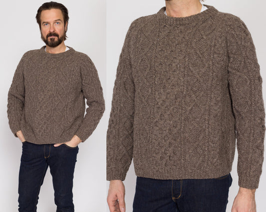 Medium 70s Aran Irish Taupe Cable Knit Fisherman Sweater | Vintage Chunky Wool Pullover Jumper