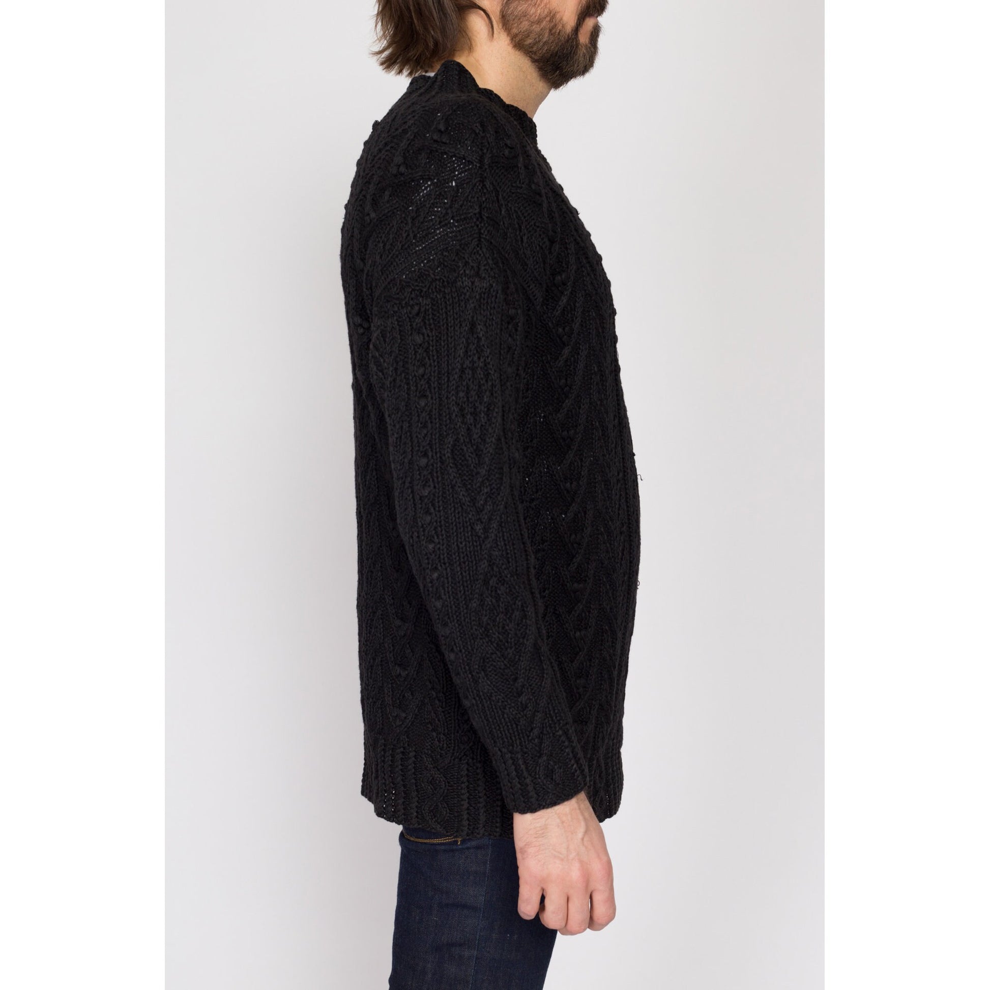 Med-Lrg 90s Express Black Cable Knit Funnel Neck Sweater | Vintage Long Ramie Cotton Handknit Pullover Jumper