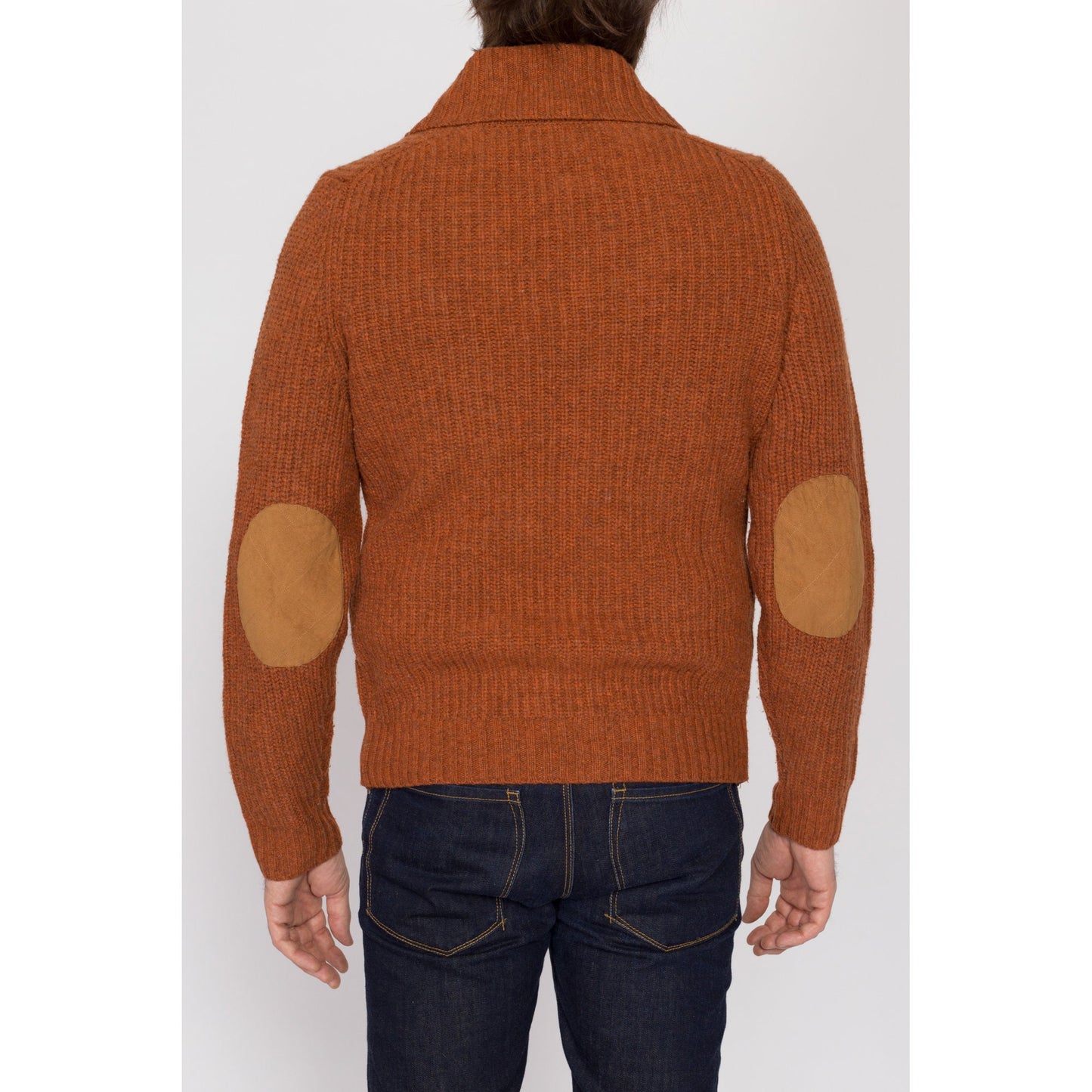 Medium 70s Orange Shawl Collar Elbow Patch Sweater | Vintage Marled Knit Wool Blend Collared Pullover