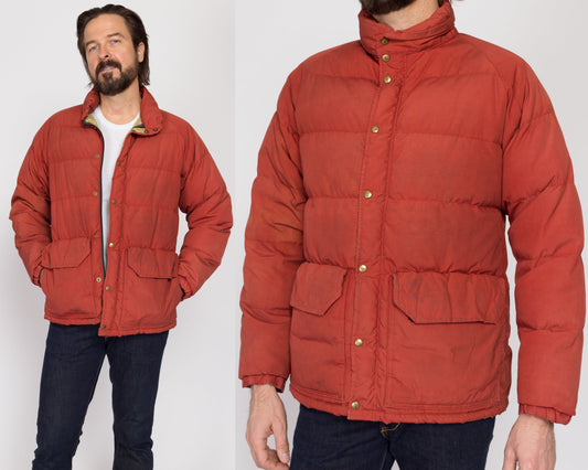 Medium 70s Rust Red Down Fill Puffer Winter Coat | Vintage Men's Zip Up Warm Puffy Ski Jacket