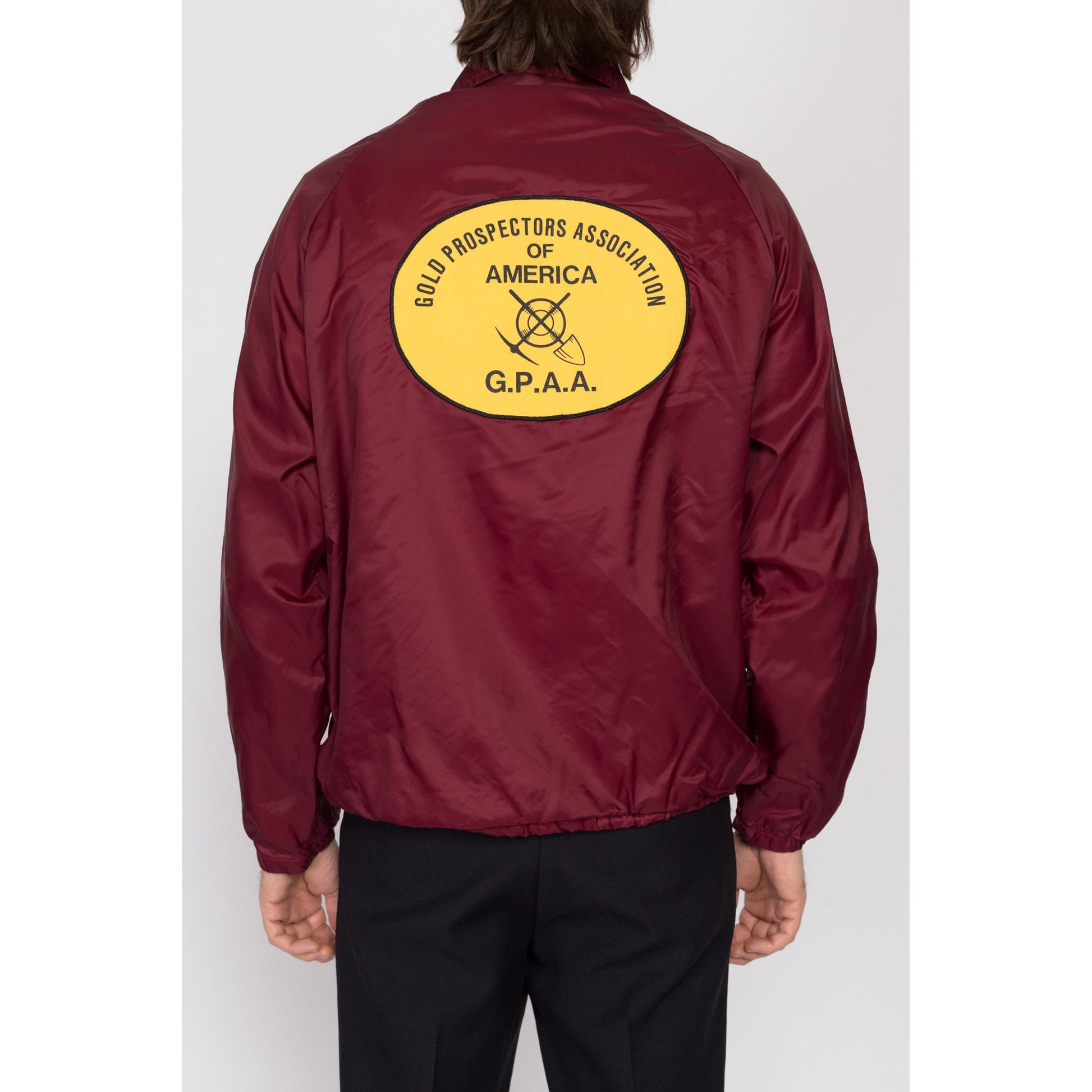 Large 80s Gold Prospectors Association Of America Jacket | Vintage Wine Red Snap Up Windbreaker Jacket