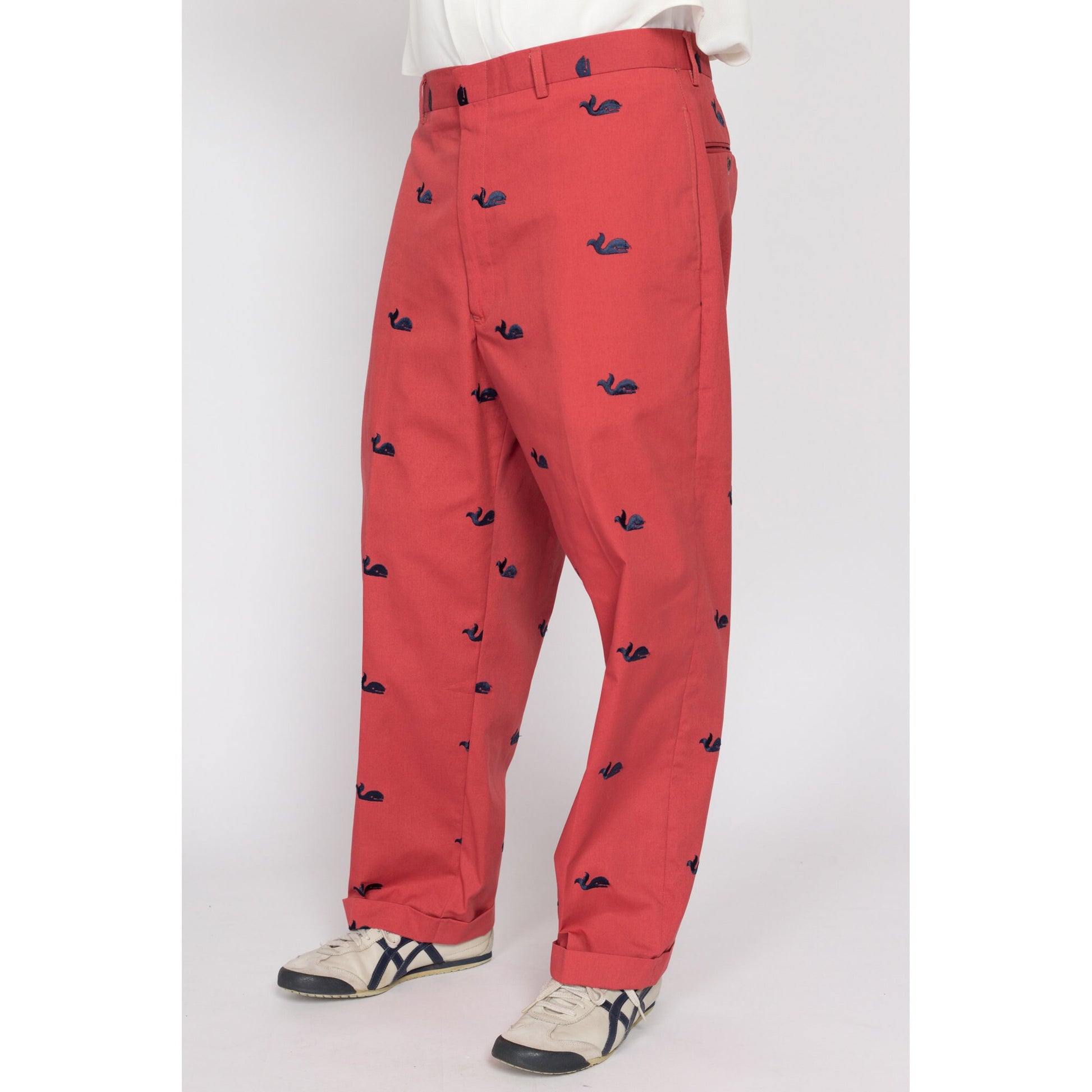 36x27 80s Preppy Salmon Pink Embroidered Whale Cotton Trousers | Vintage Men's Tapered Leg Cuffed Pants