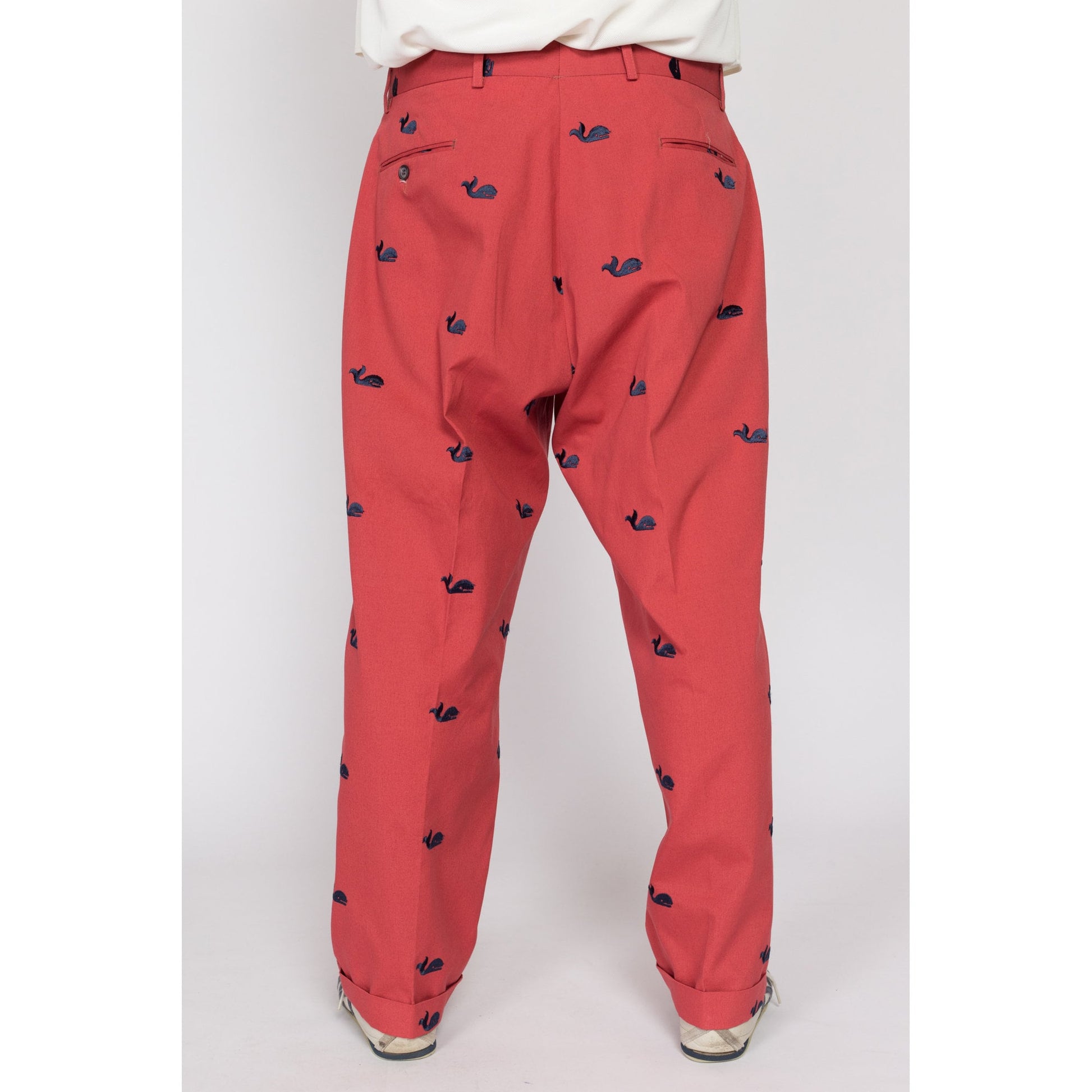 36x27 80s Preppy Salmon Pink Embroidered Whale Cotton Trousers | Vintage Men's Tapered Leg Cuffed Pants