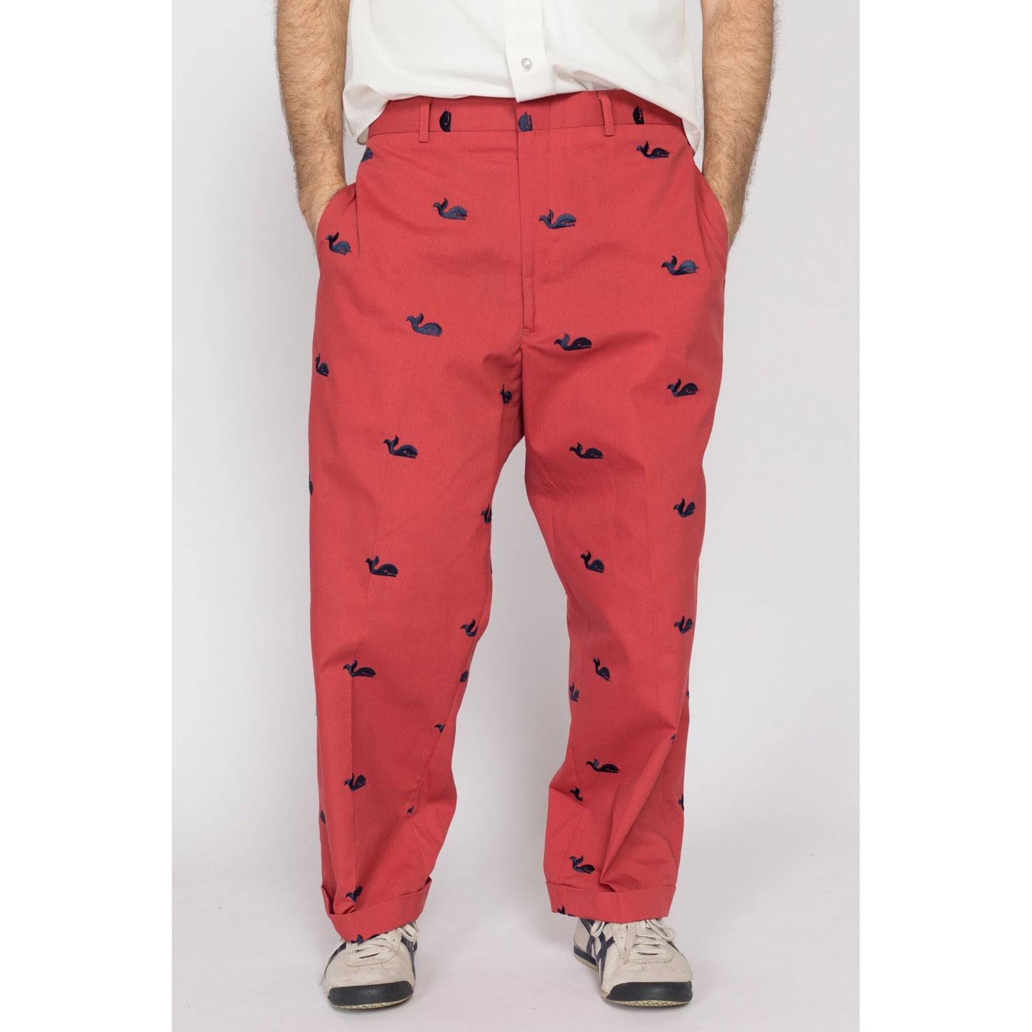 36x27 80s Preppy Salmon Pink Embroidered Whale Cotton Trousers | Vintage Men's Tapered Leg Cuffed Pants
