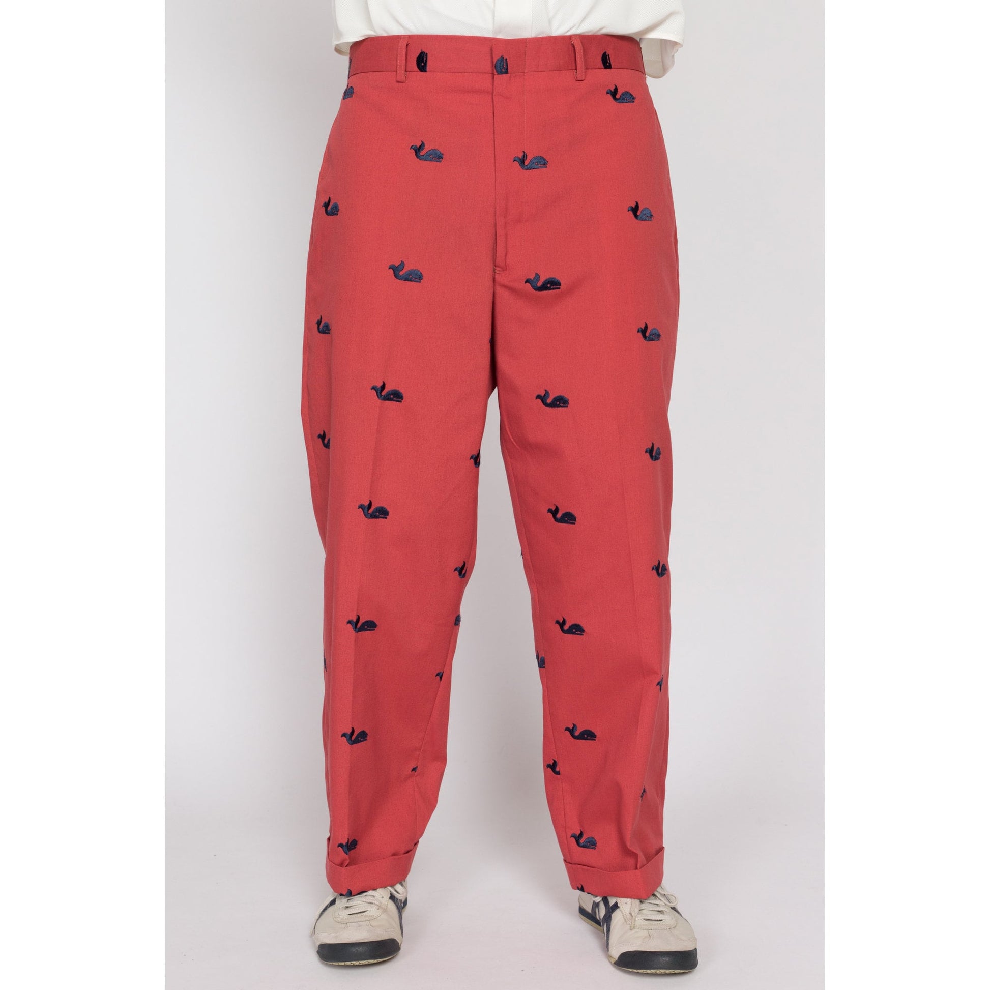 36x27 80s Preppy Salmon Pink Embroidered Whale Cotton Trousers | Vintage Men's Tapered Leg Cuffed Pants