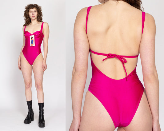 Small 80s Hot Pink Low Back High Hip Swimsuit NWT | Vintage Pearl Bead One Piece Bathing Suit
