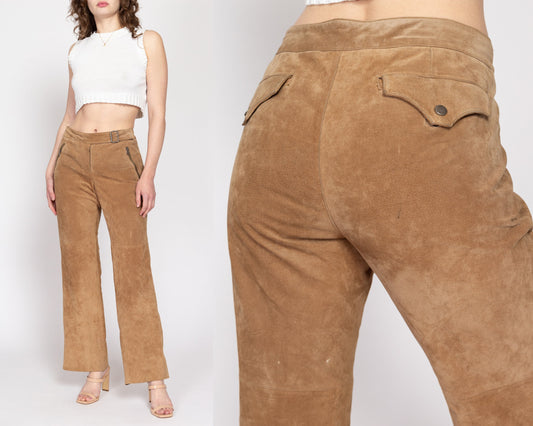 Medium 90s Tan Suede Western Trousers | Vintage Mid Rise Bootcut Leather Pants