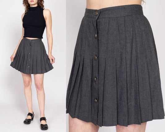 Small 90s Dark Grey Pleated Schoolgirl Skirt 27" | Vintage Minimalist Dark Academia Button Front High Waisted Mini Skirt