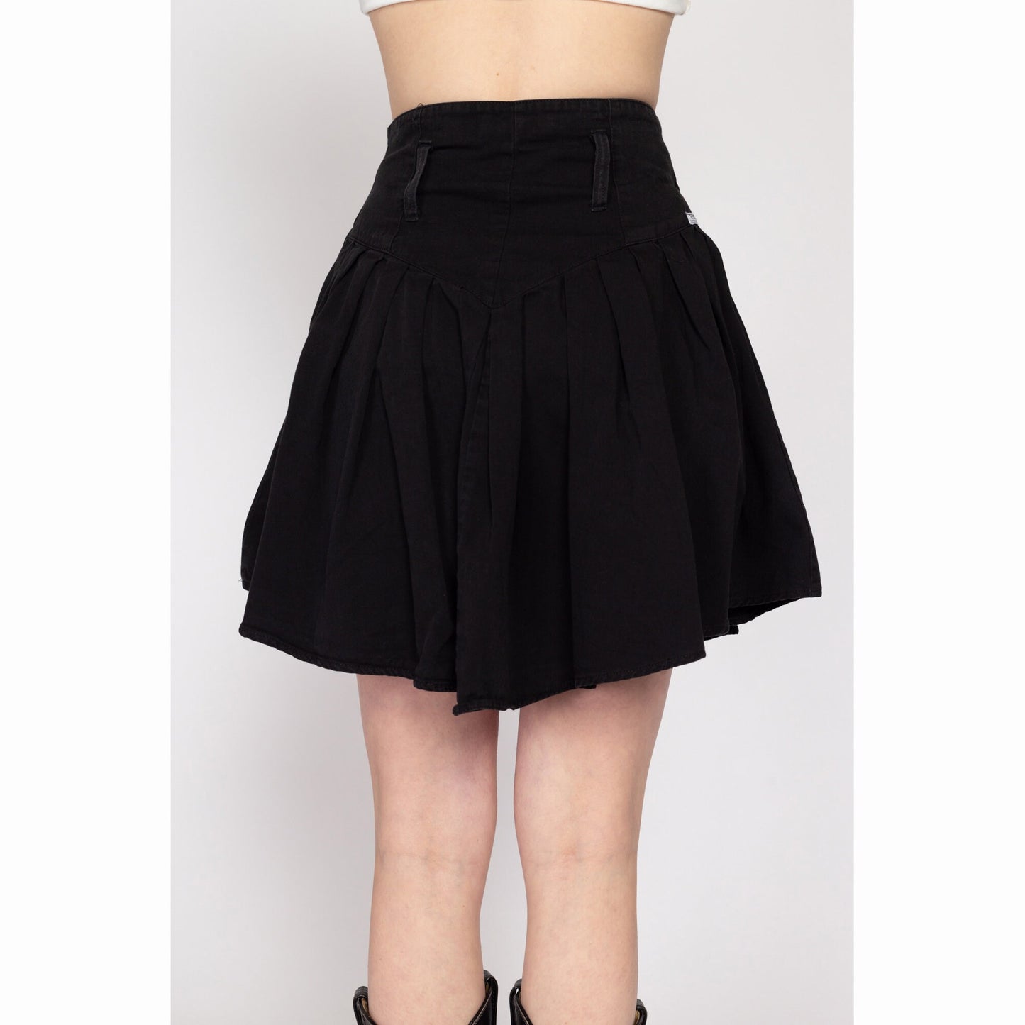 Small 80s Gothic Western Black Denim Mini Skirt 26.5" | Vintage Pleated High Waisted Yoke Fit & Flare Jean Skirt