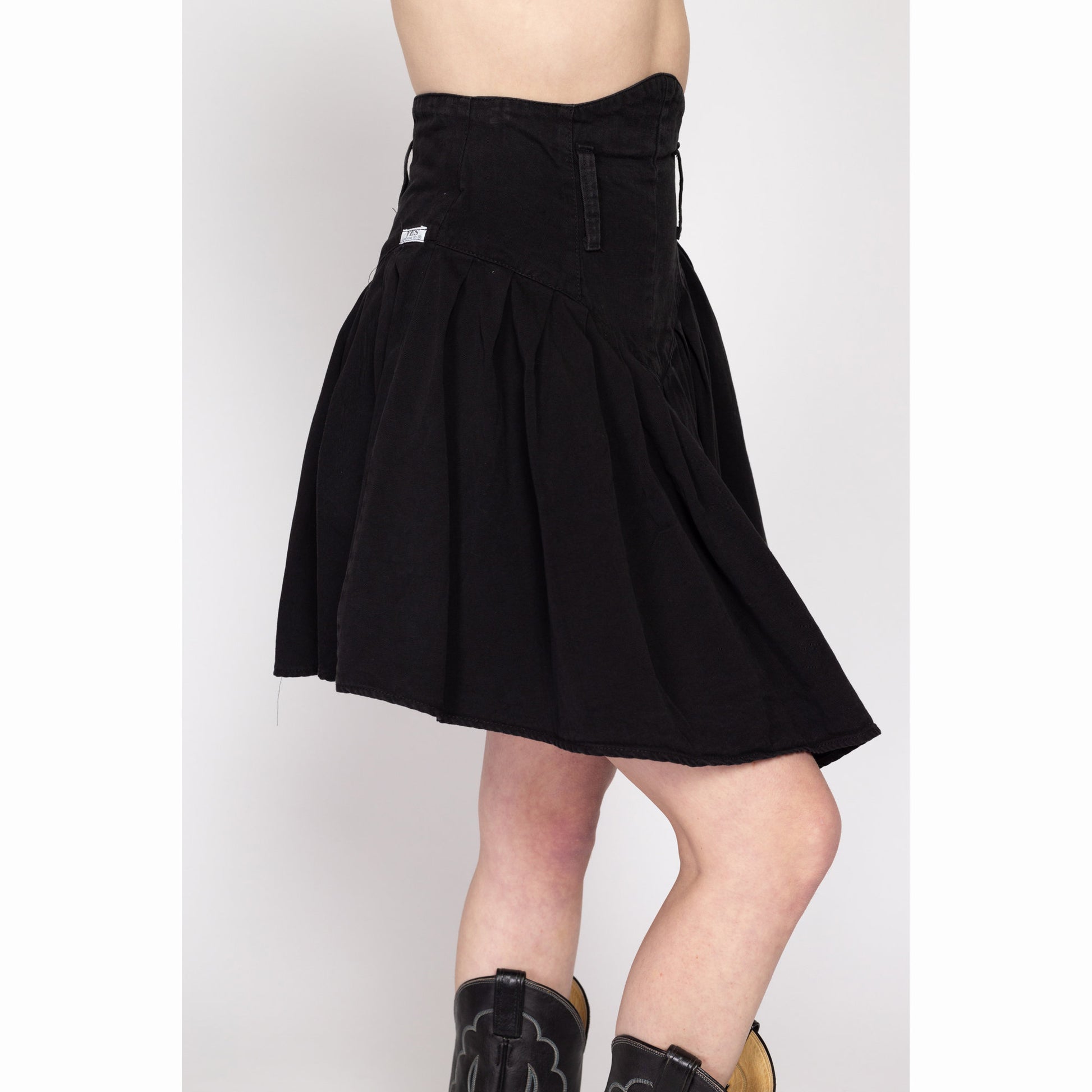 Small 80s Gothic Western Black Denim Mini Skirt 26.5" | Vintage Pleated High Waisted Yoke Fit & Flare Jean Skirt