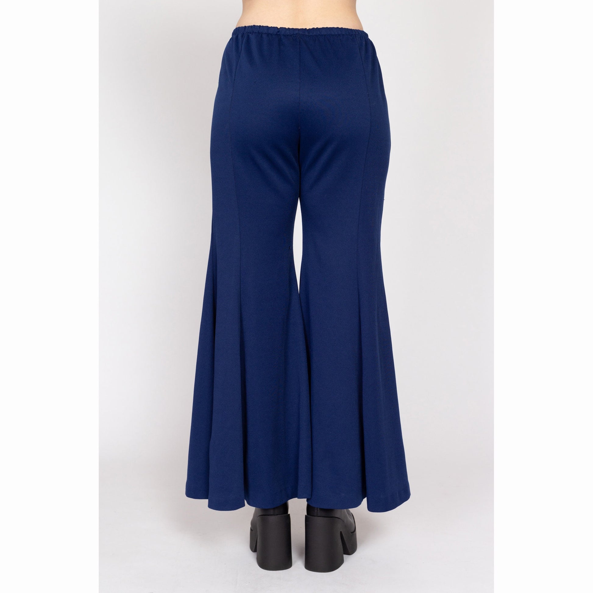 Medium 70s Navy Blue Bell Bottom Pants | Vintage High Waisted Retro Flared Elastic Disco Loungewear Trousers