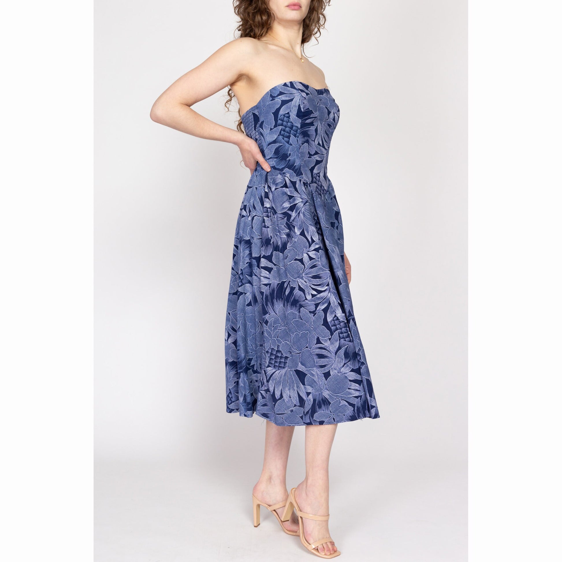 Medium 80s Blue Tropical Floral Strapless Fit & Flare Dress | Vintage Cotton Retro Midi Sundress