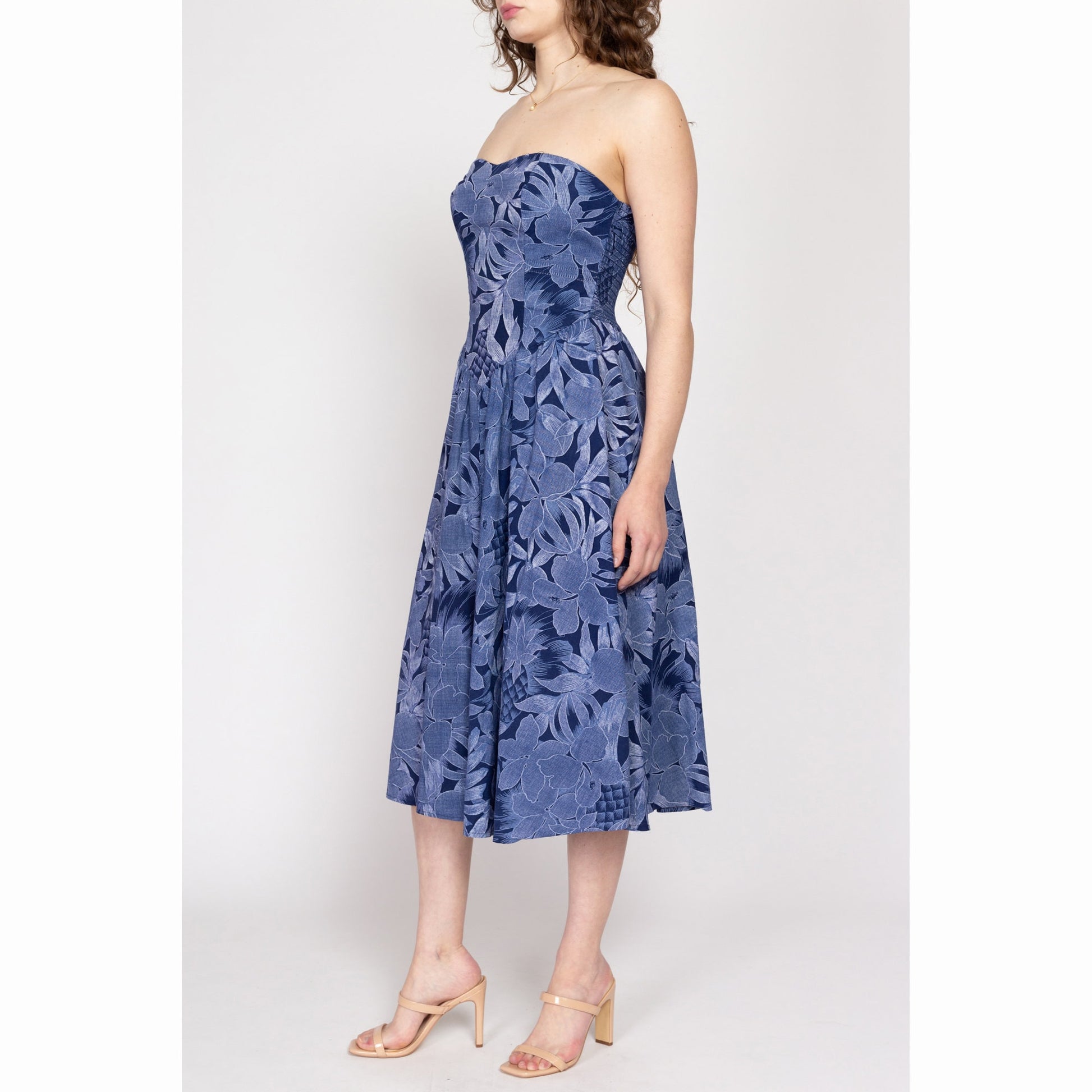 Medium 80s Blue Tropical Floral Strapless Fit & Flare Dress Flying Apple Vintage Medium 80s Blue Tropical Floral Strapless Fit & Flare Dress Flying Apple Vintage