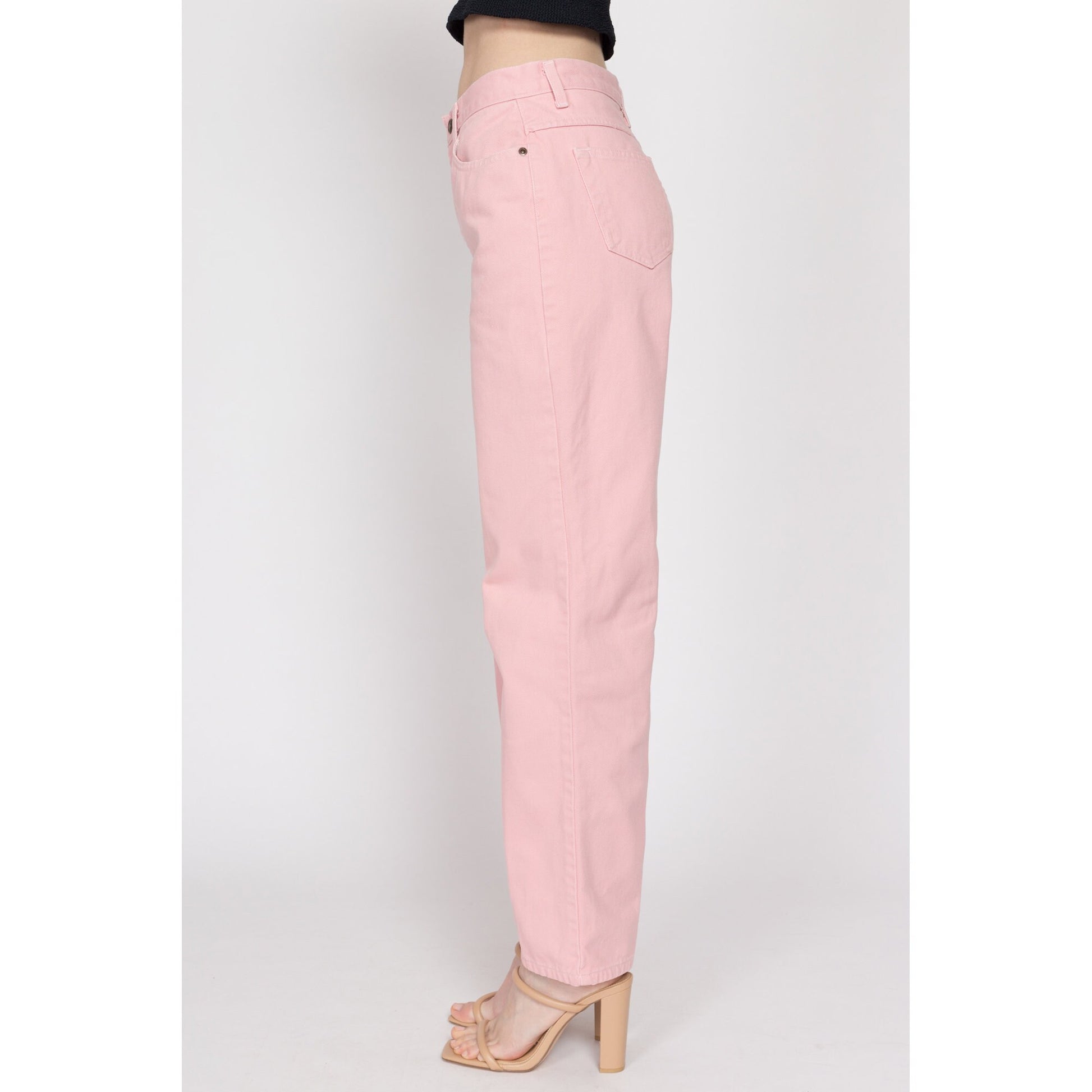 Small 90s Blush Pink High Waisted Jeans 26.5" | Vintage Newport News Pastel Denim Tapered Leg Mom Jeans