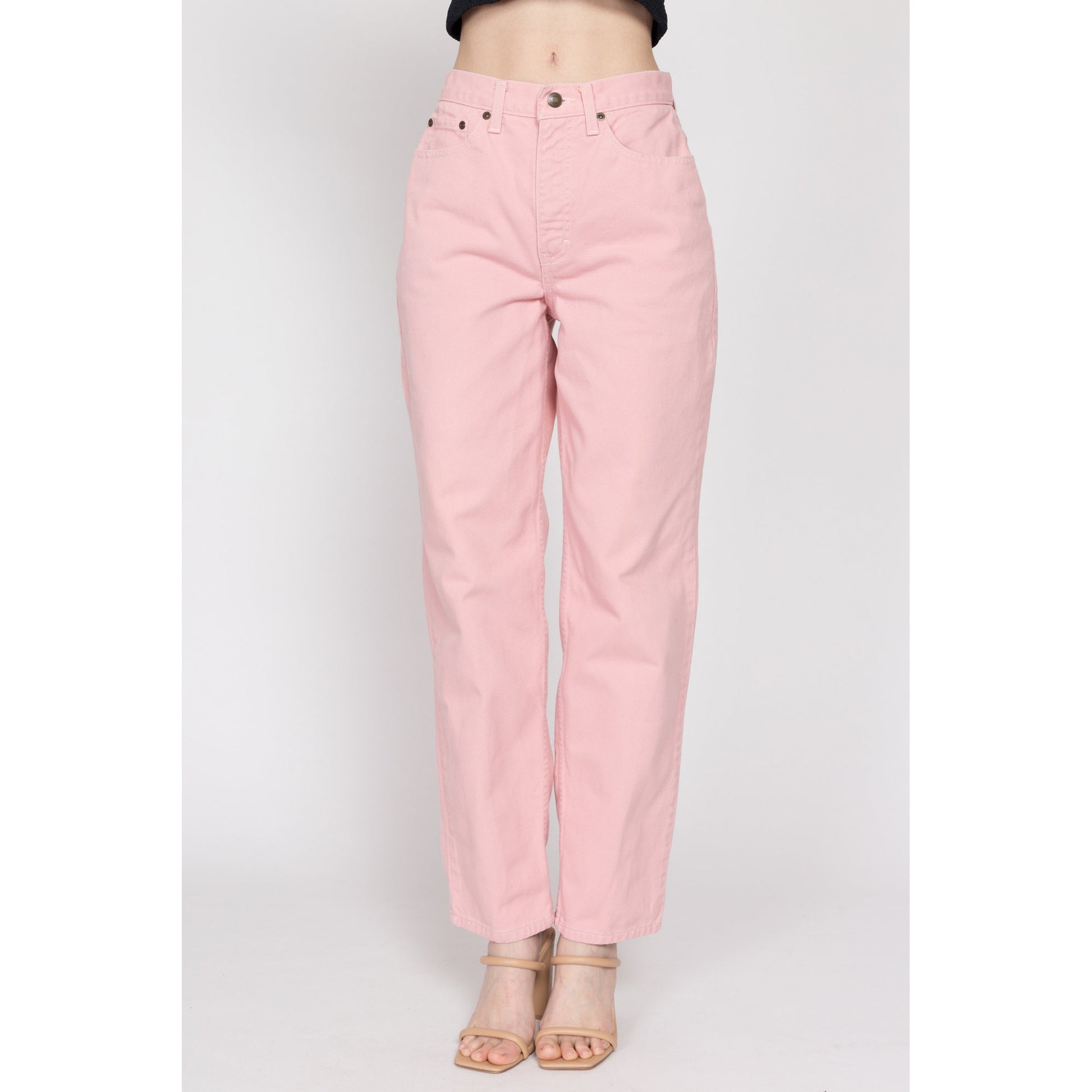 Small 90s Blush Pink High Waisted Jeans 26.5" | Vintage Newport News Pastel Denim Tapered Leg Mom Jeans