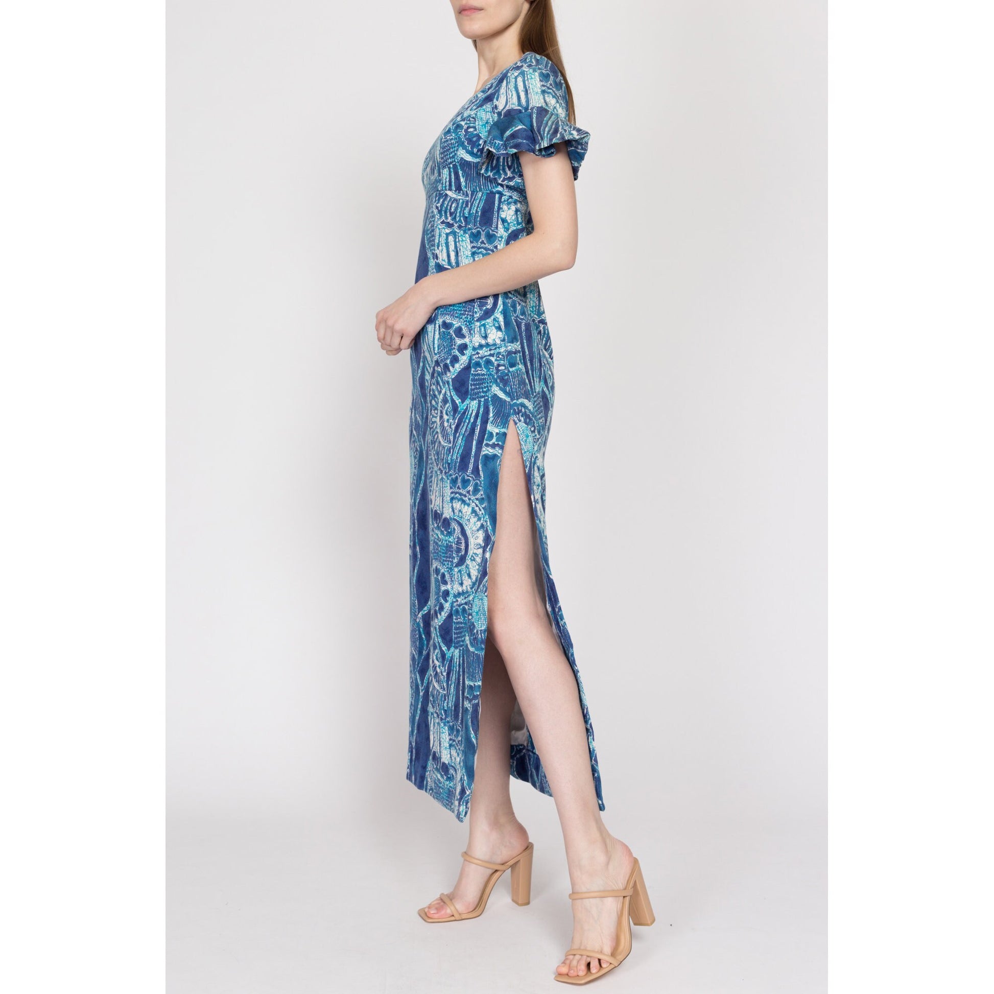 60s Hawaiian Blue Abstract Print Maxi Dress - Extra Small Flying Apple Vintage 60s Hawaiian Blue Abstract Print Maxi Dress - Extra Small Flying Apple Vintage