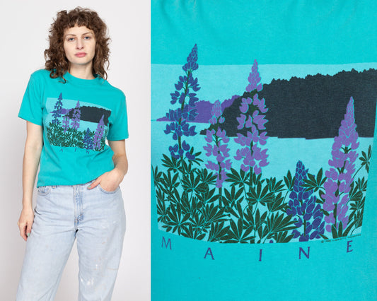Medium 80s Maine Lupine Flower T Shirt | Vintage Blue Floral Graphic Tourist Tee