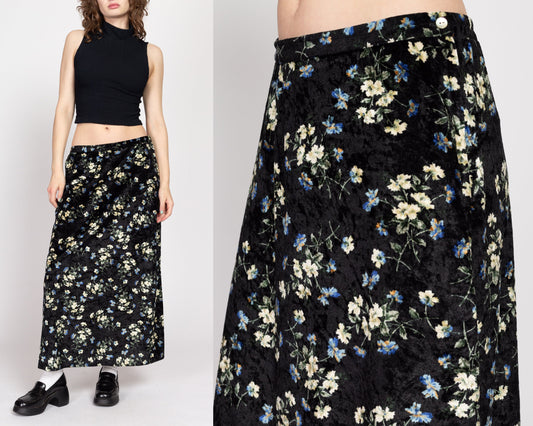 Medium 90s Black Floral Velvet Maxi Skirt | Vintage High Waisted Grunge A Line Skirt