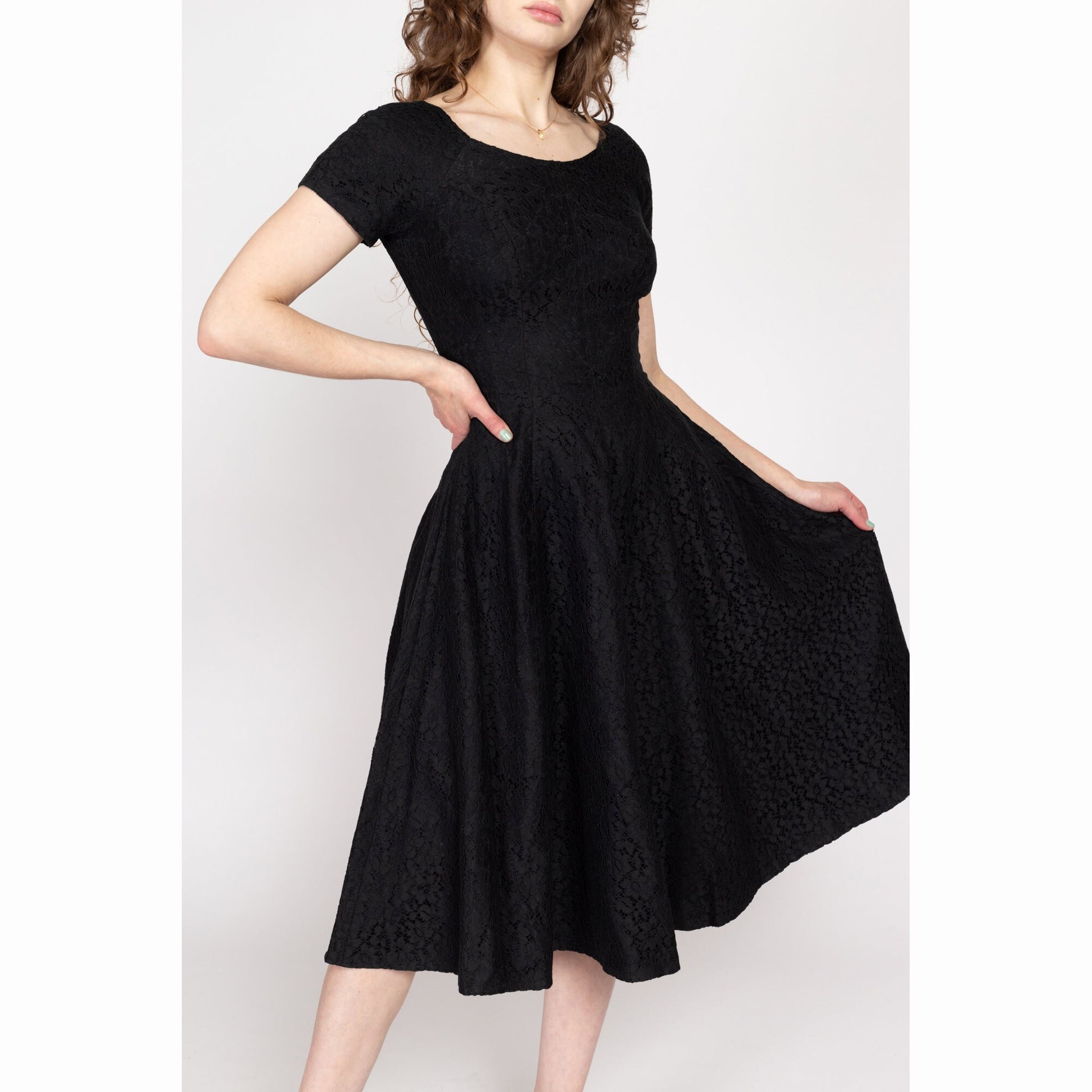 Small 60s Black Floral Eyelet Lace Fit Flare Dress – Flying