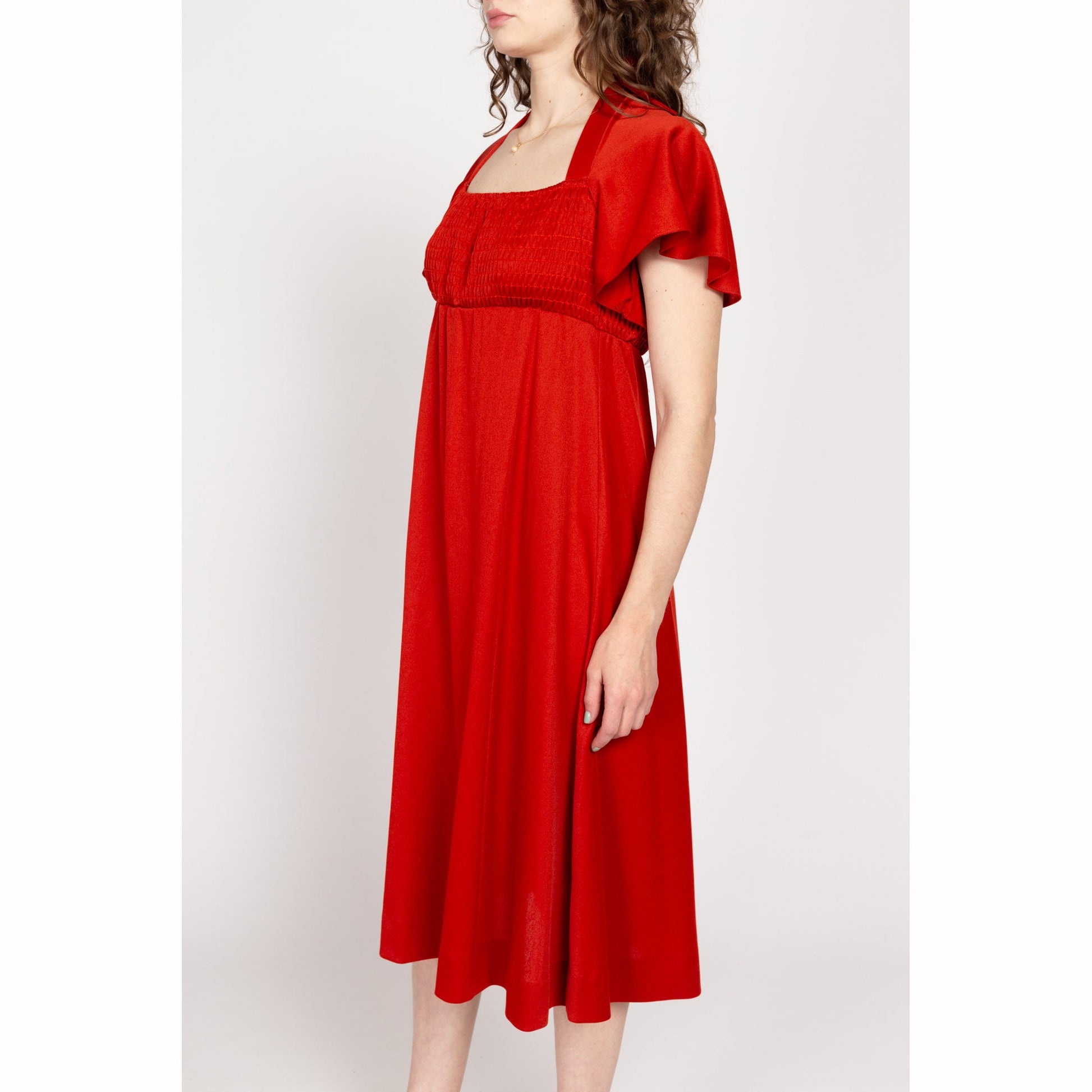 Large 70s Rust Red Capelet Keyhole Back Midi Dress | Vintage A Line Flutter Sleeve Shirred Bodice Boho Dress