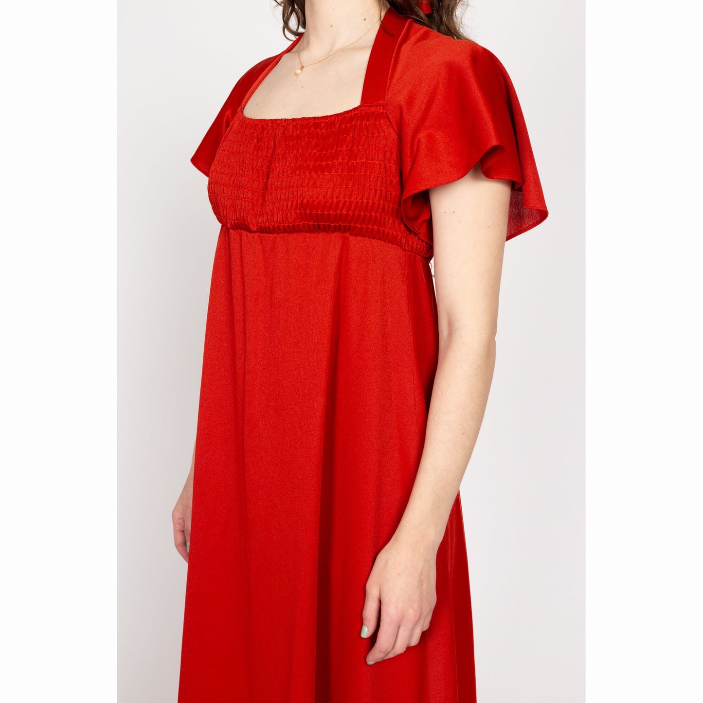 Large 70s Rust Red Capelet Keyhole Back Midi Dress | Vintage A Line Flutter Sleeve Shirred Bodice Boho Dress