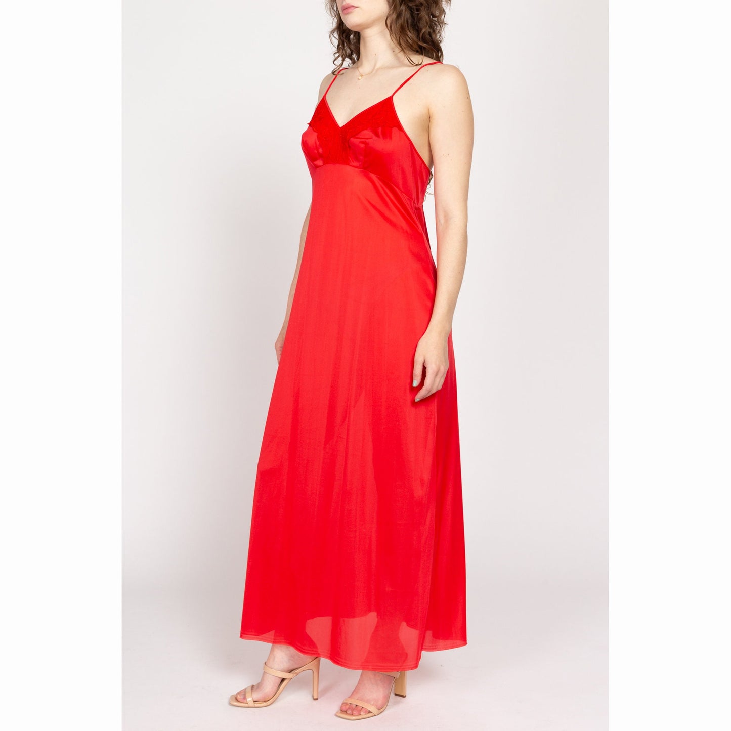 Medium 80s Red Maxi Nightgown | Vintage Lace Trim Negligee Nightie Slip Dress