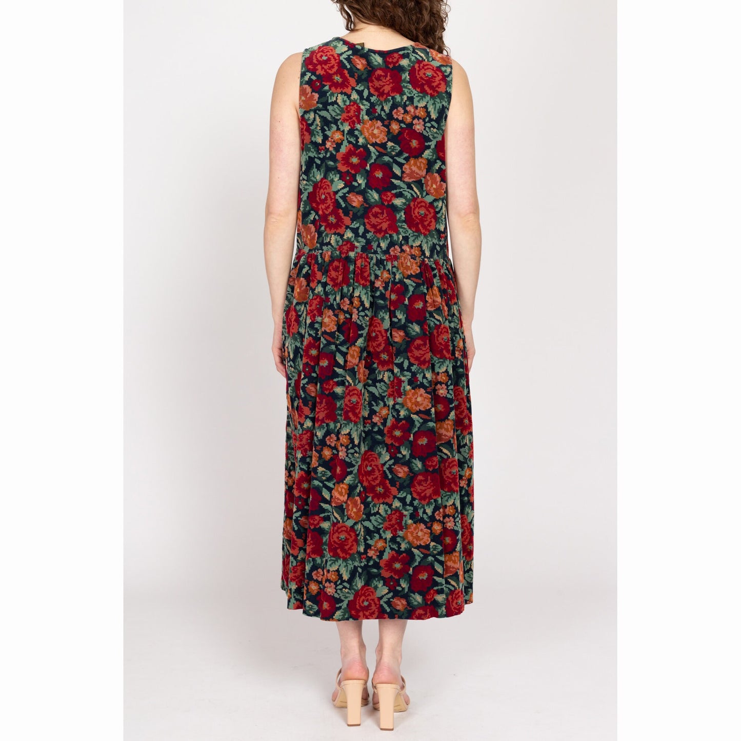 Medium 80s 8-Bit Floral Corduroy Pinafore Dress | Vintage Eddie Bauer Blue Red Cotton Sleeveless Maxi Jumper Dress