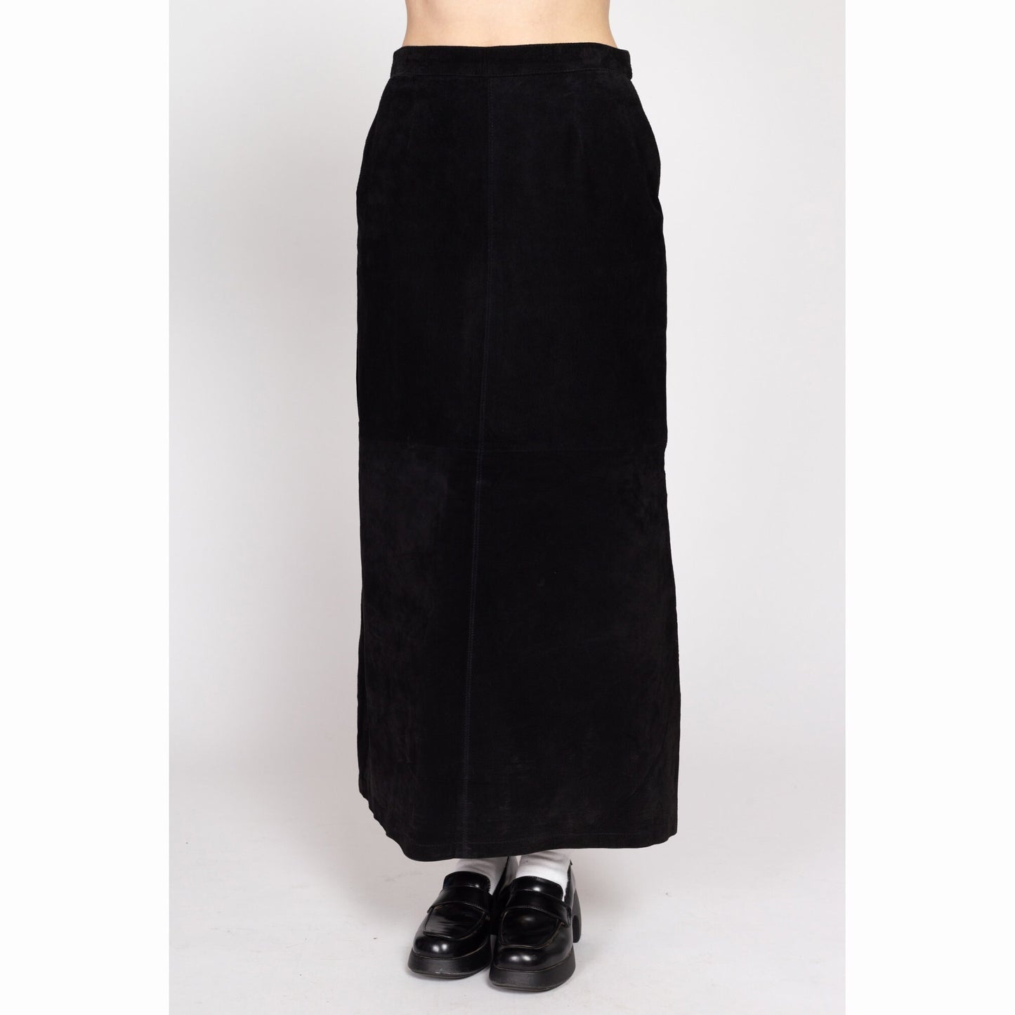 Medium 90s Black Suede Maxi Skirt 28.5" | Vintage Boho A Line Leather High Waisted Skirt