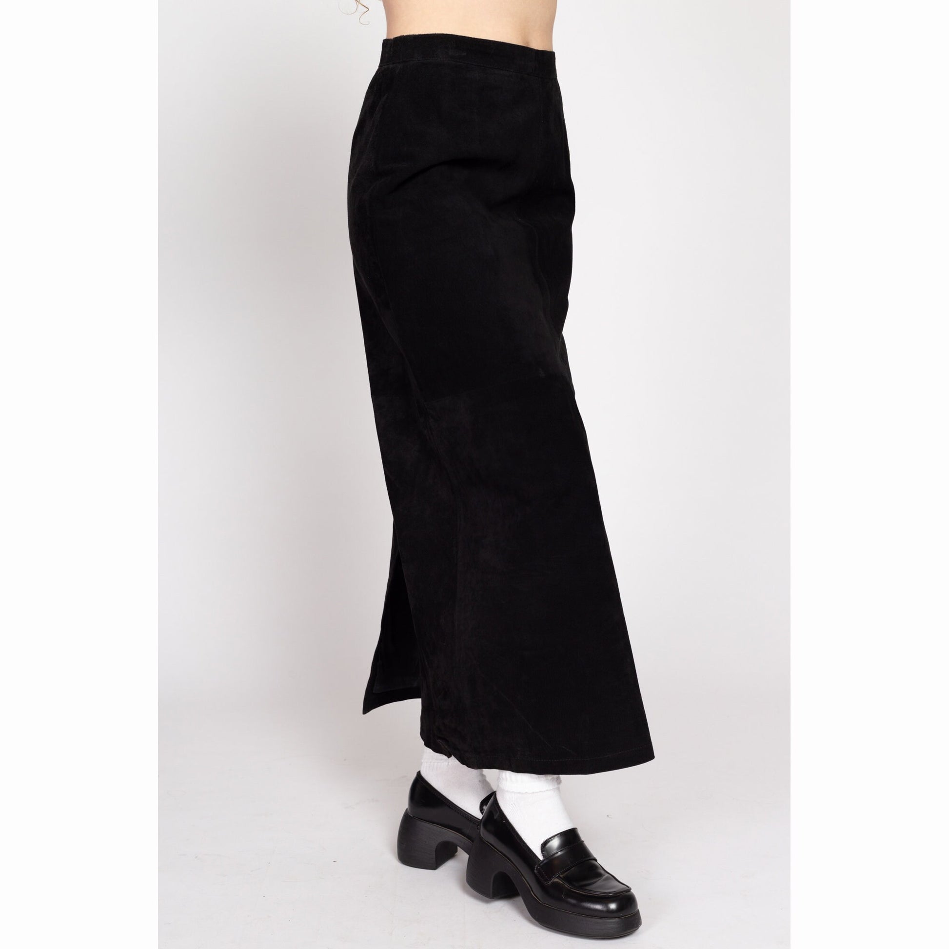 Medium 90s Black Suede Maxi Skirt 28.5" | Vintage Boho A Line Leather High Waisted Skirt