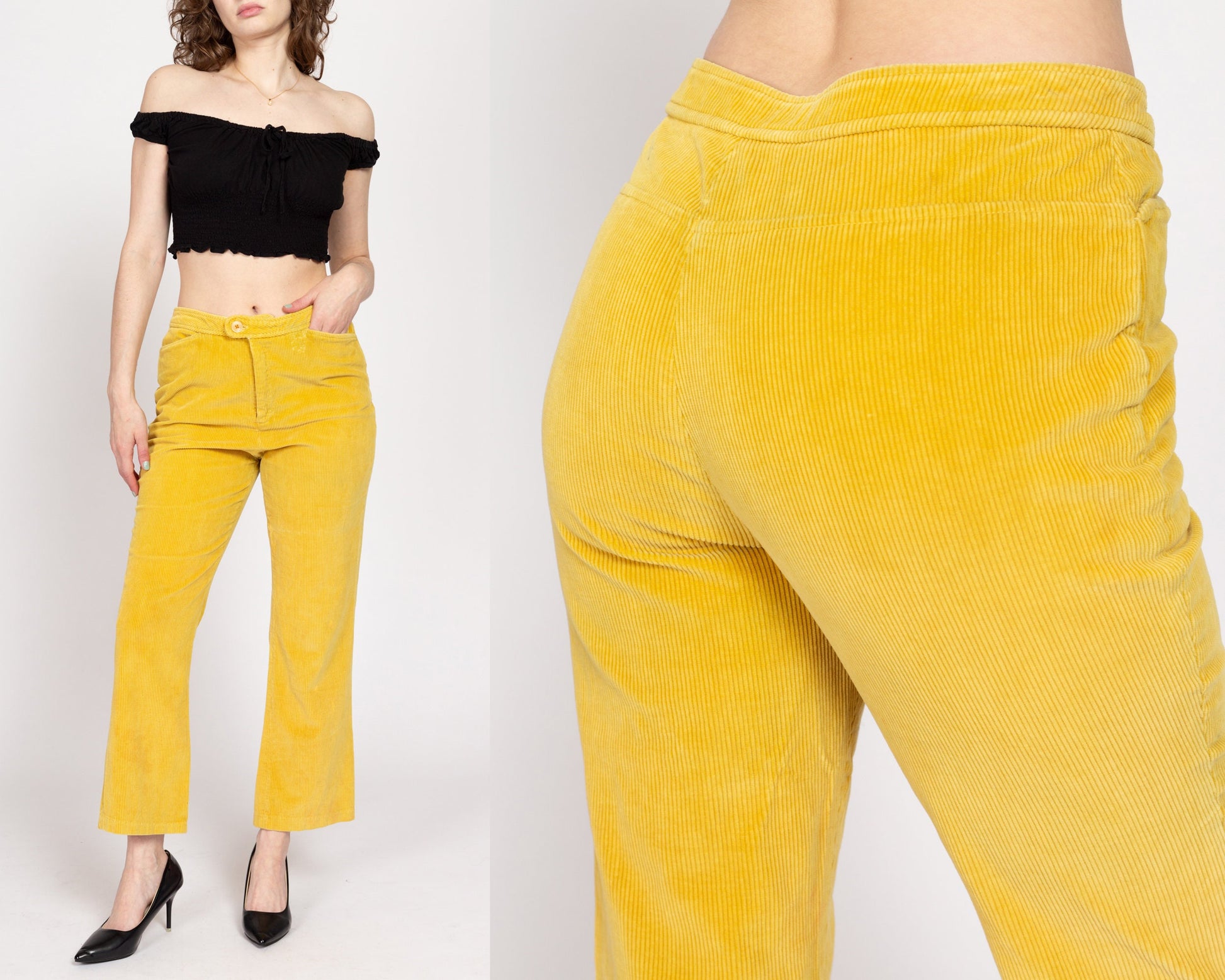Medium 70s Yellow Corduroy Kick Flare Pants | Vintage Cords Retro High Waisted Trousers