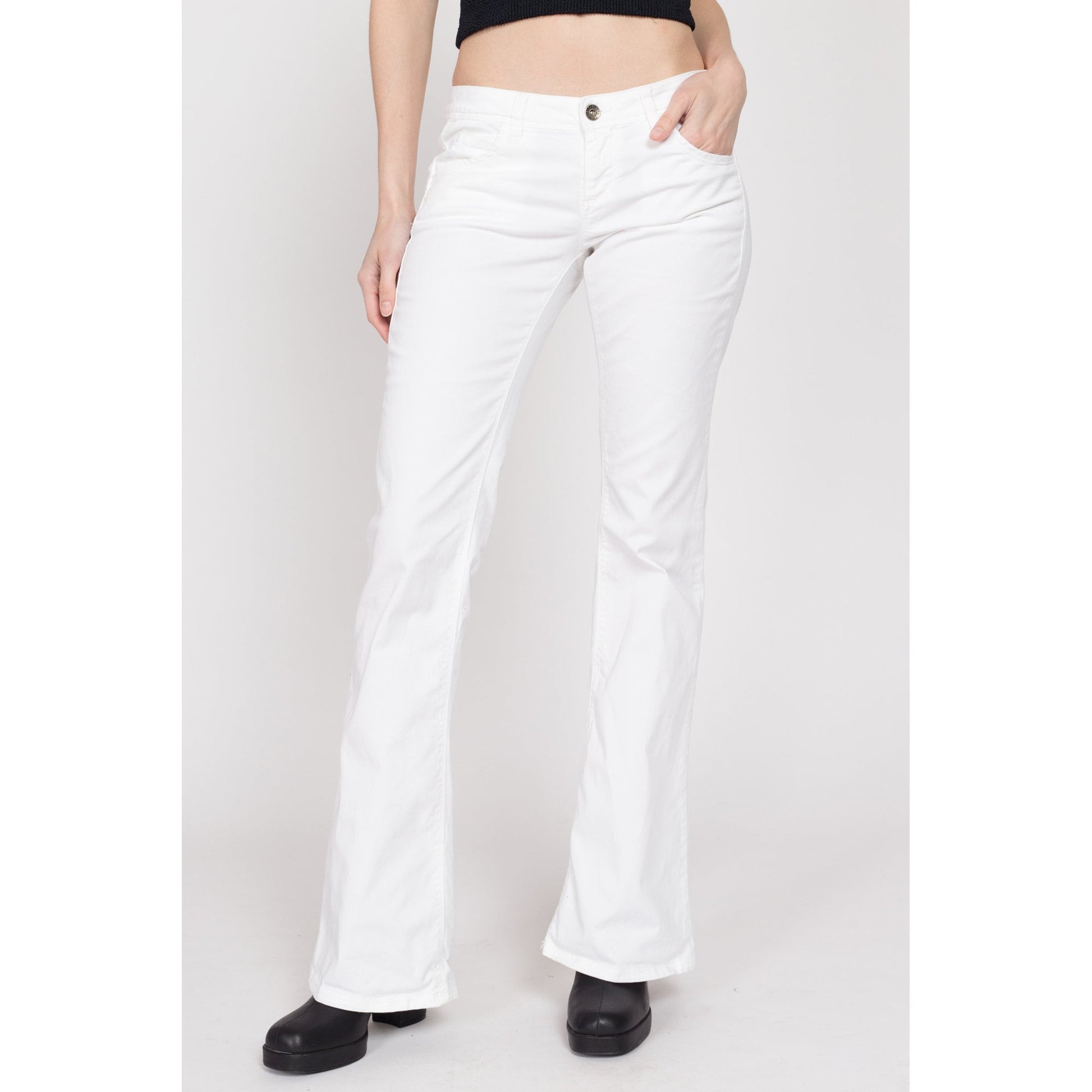 Small Y2K United Colors of Benetton White Low Rise Flares | Vintage Twill Bell Bottoms Low Rider Flared Pants