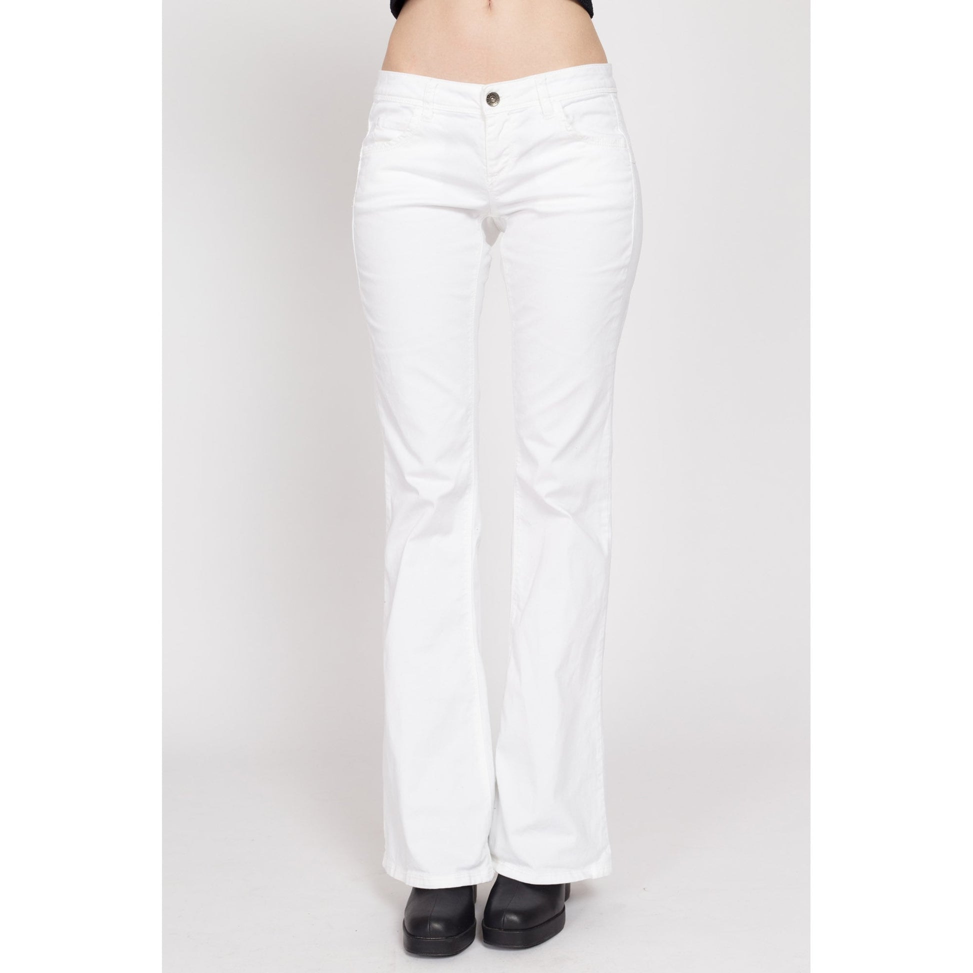 Small Y2K United Colors of Benetton White Low Rise Flares | Vintage Twill Bell Bottoms Low Rider Flared Pants