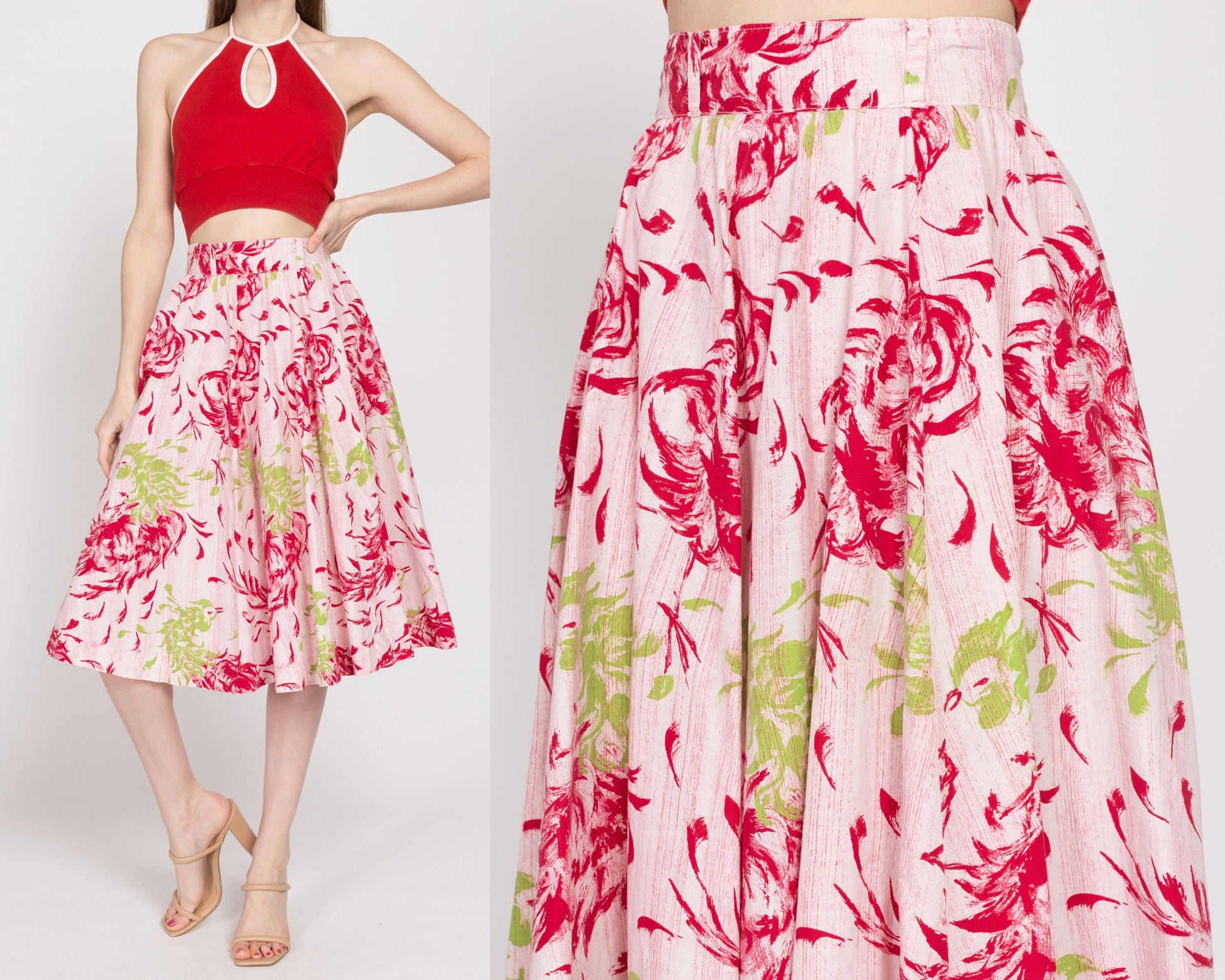 XS 50s 60s Windy Floral Print Circle Skirt 24" | Vintage Red Pink Green Boho Midi Flower Print Skirt